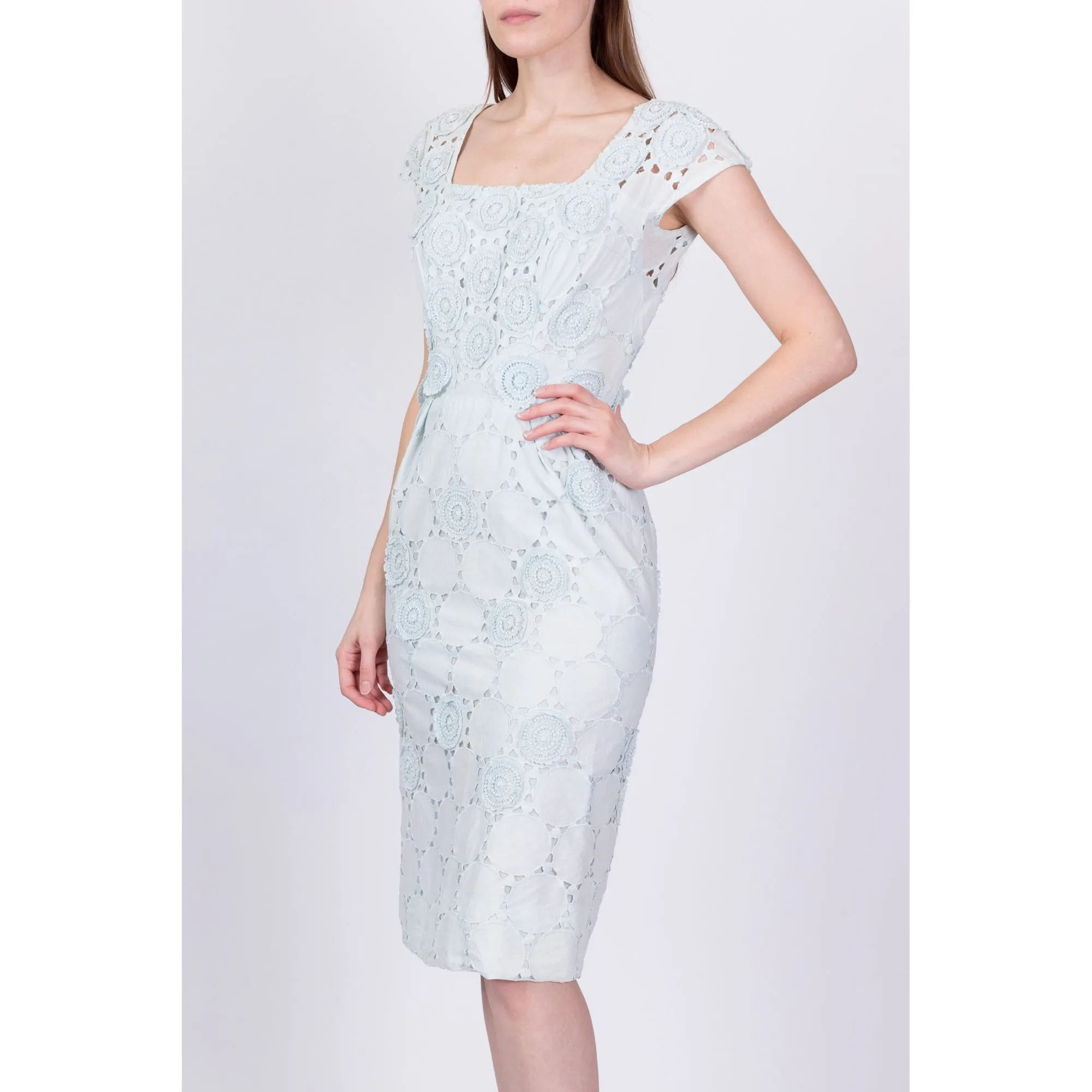 1950s Nat Kaplan Baby Blue Eyelet Sheath Dress, As Is - Extra Small