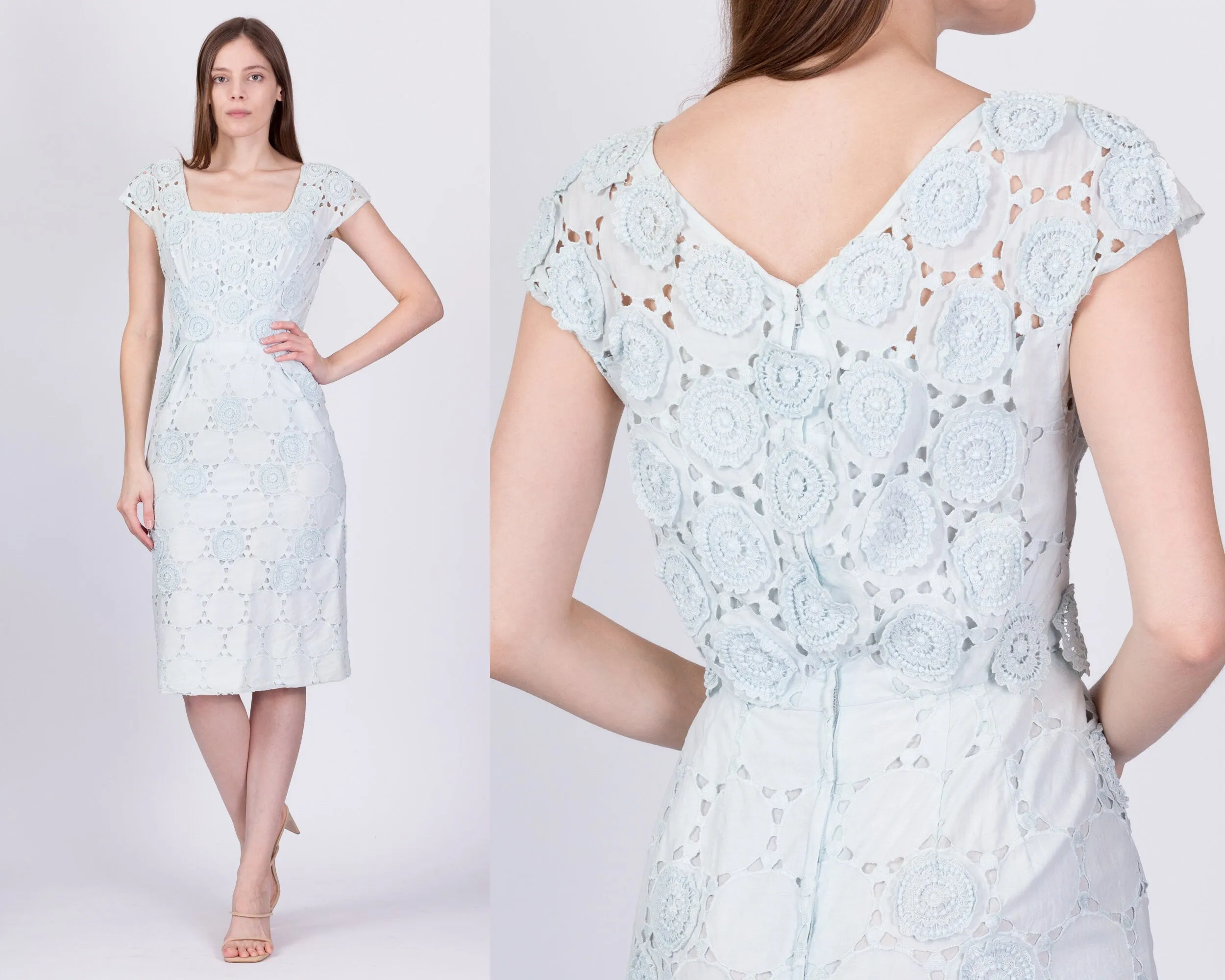 1950s Nat Kaplan Baby Blue Eyelet Sheath Dress, As Is - Extra Small