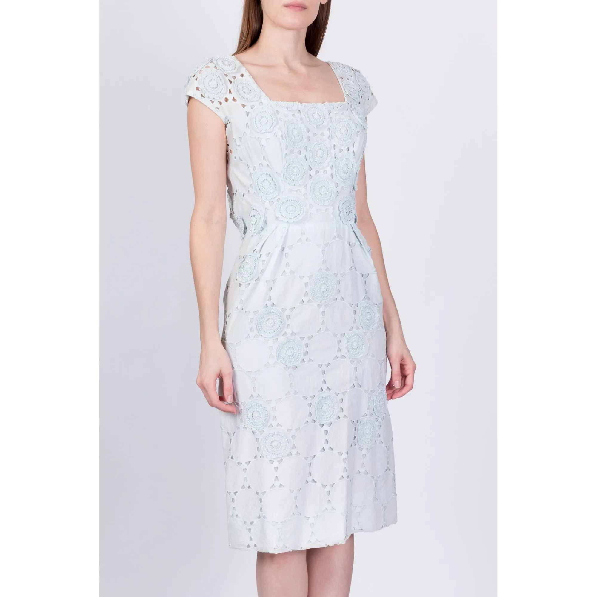 1950s Nat Kaplan Baby Blue Eyelet Sheath Dress, As Is - Extra Small