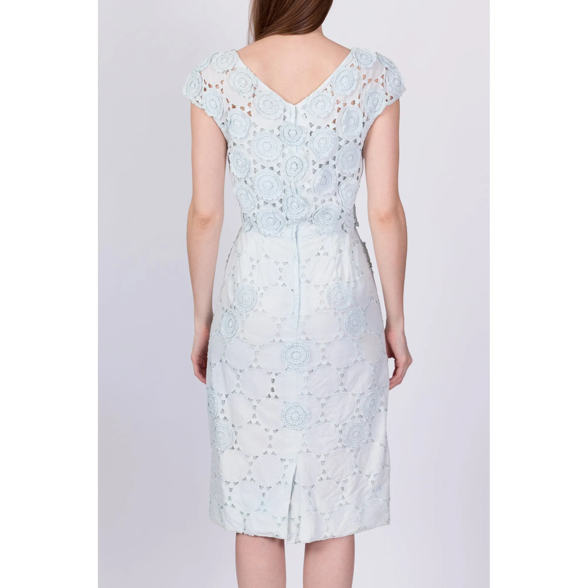 1950s Nat Kaplan Baby Blue Eyelet Sheath Dress, As Is - Extra Small