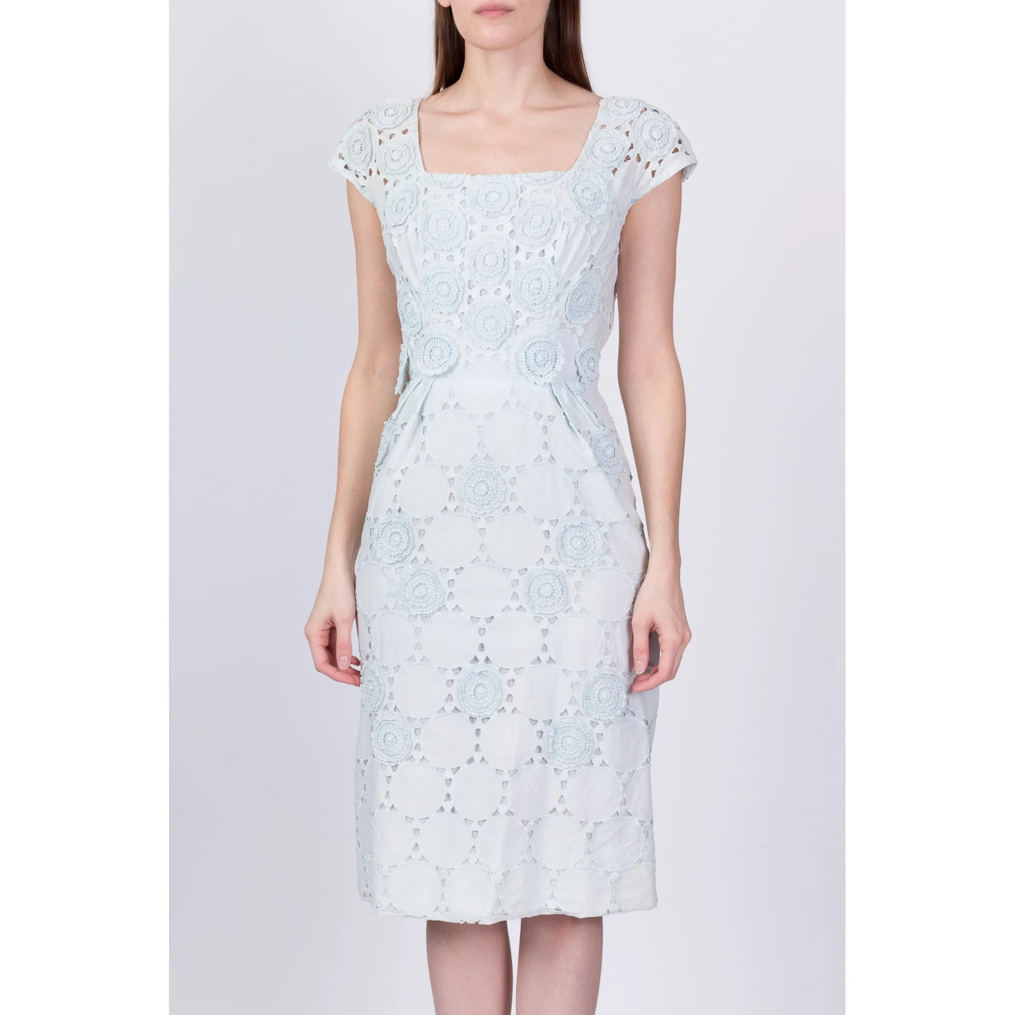 1950s Nat Kaplan Baby Blue Eyelet Sheath Dress, As Is - Extra Small