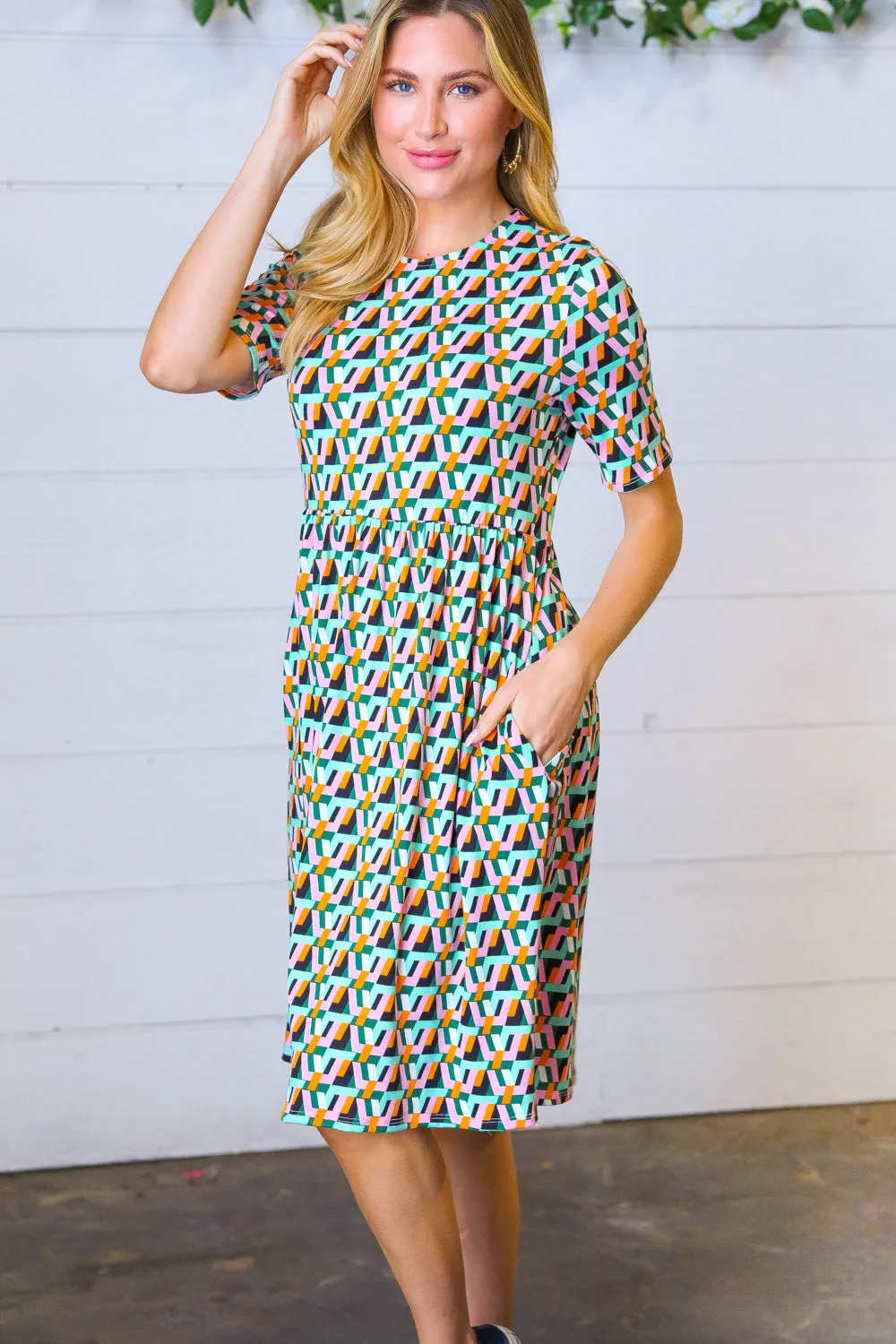 Aqua & Pink Fit & Flare Geometric Midi Dress