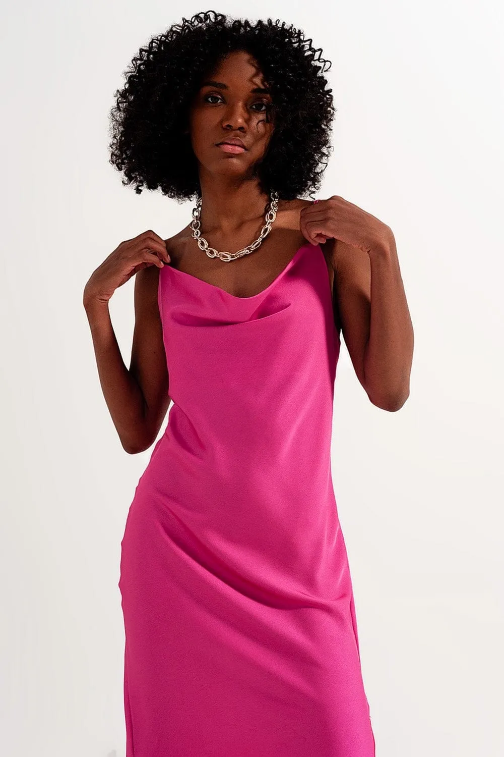 Cami Midi Slip Dress In High Shine Satin In Fuchsia