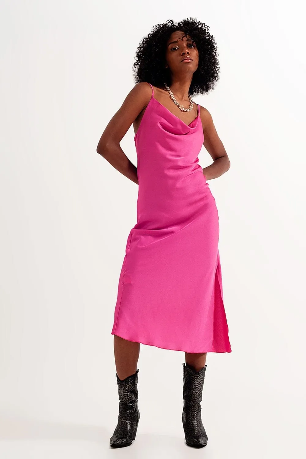 Cami Midi Slip Dress In High Shine Satin In Fuchsia