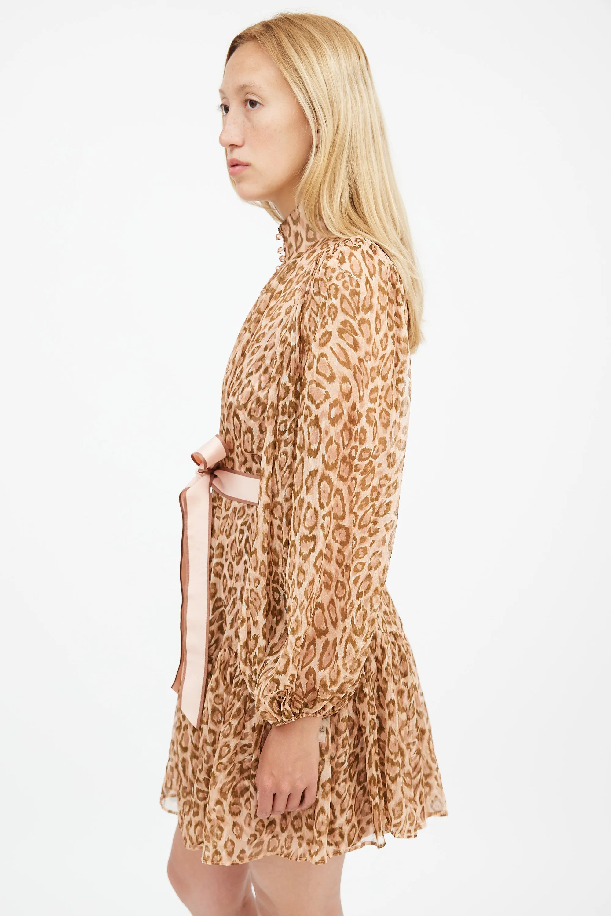 Fall 2019 Brown & Pink Silk Printed Espionage Belted Dress