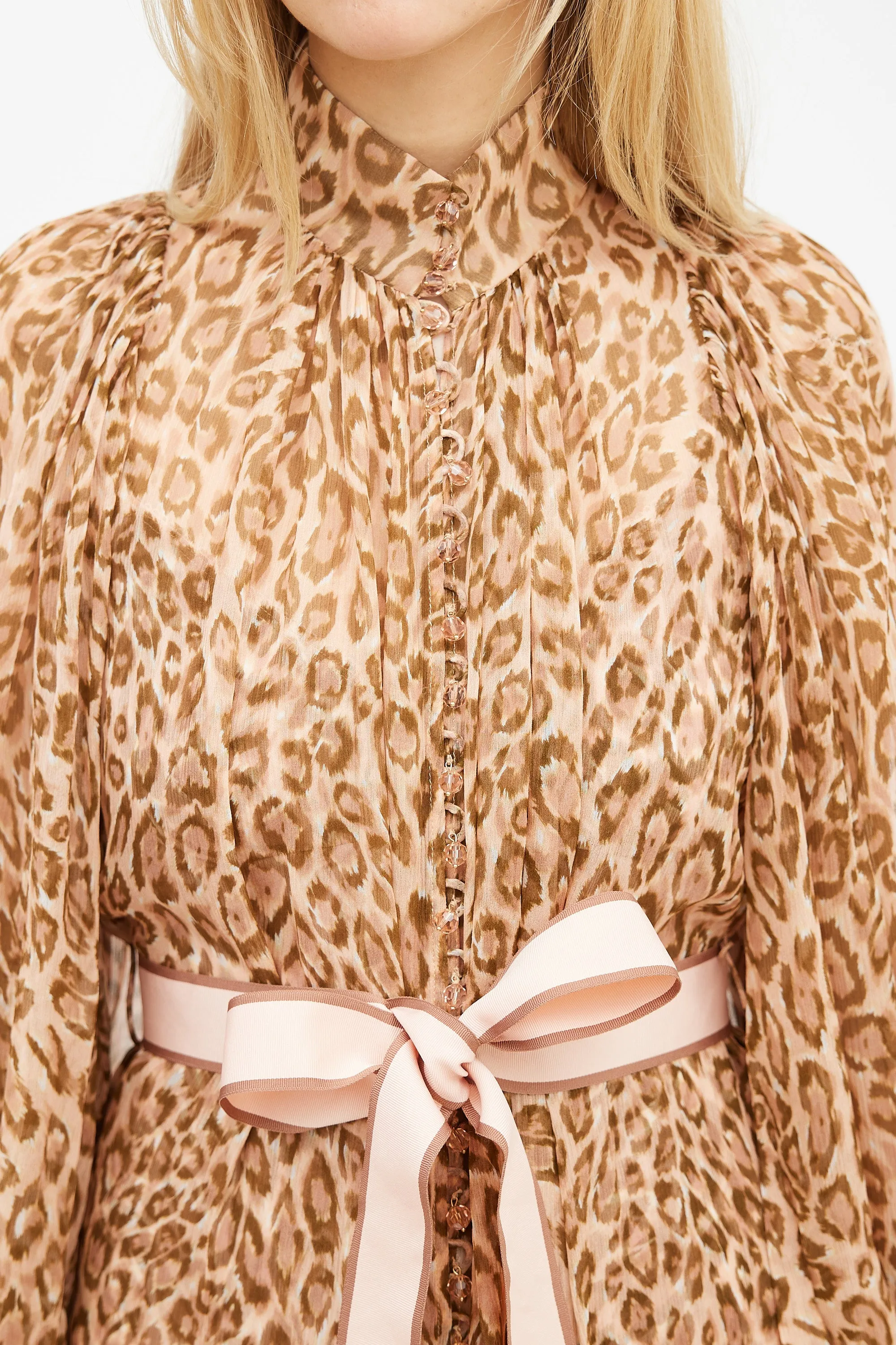 Fall 2019 Brown & Pink Silk Printed Espionage Belted Dress