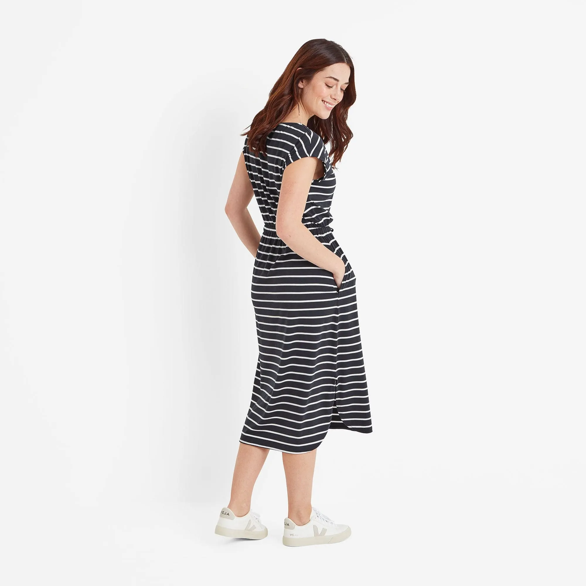 Frankie Womens Jersey Dress - Dark Indigo Stripe
