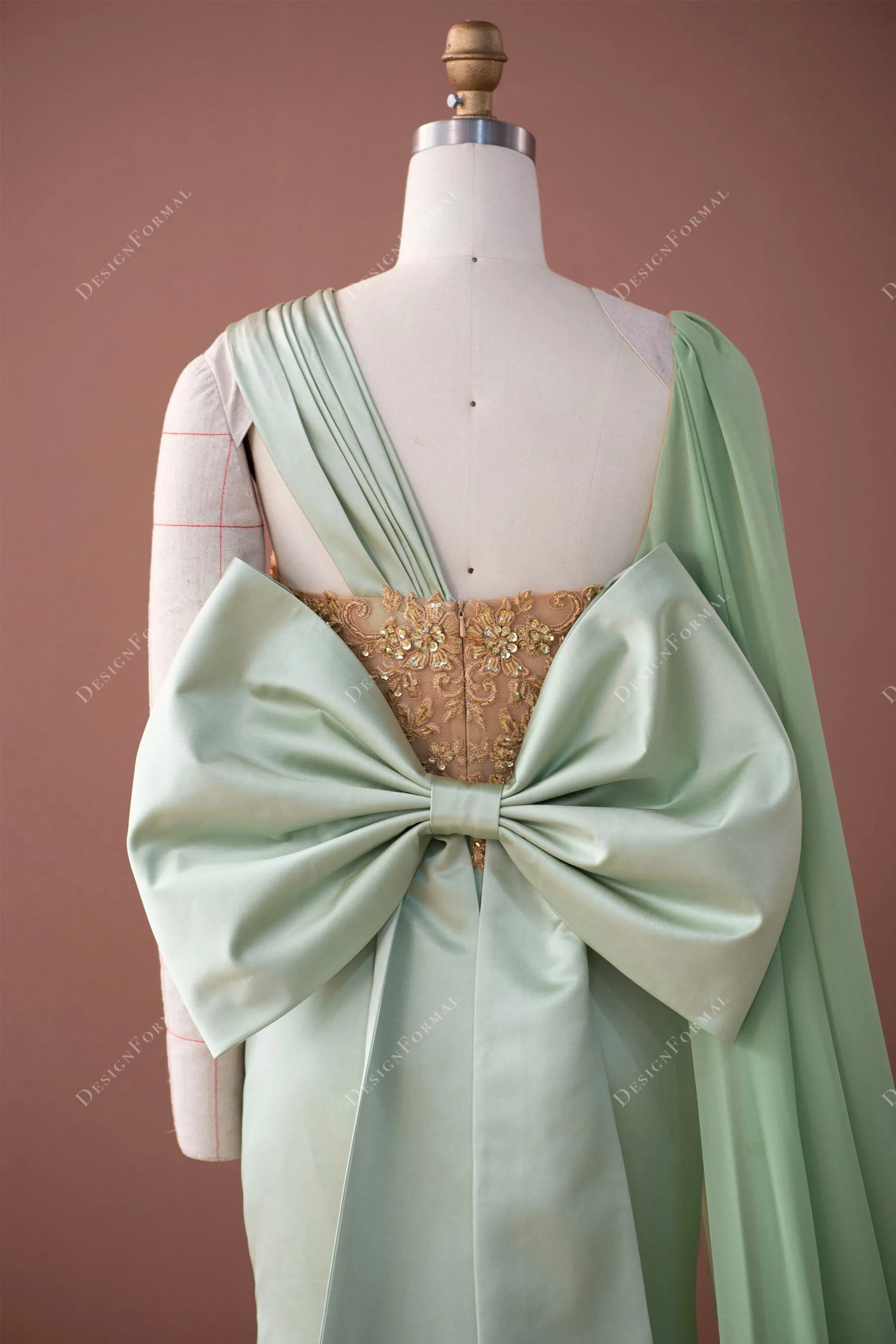 Gold Lace Sage Satin Mermaid Unique Super-Long Sleeve Prom Dress