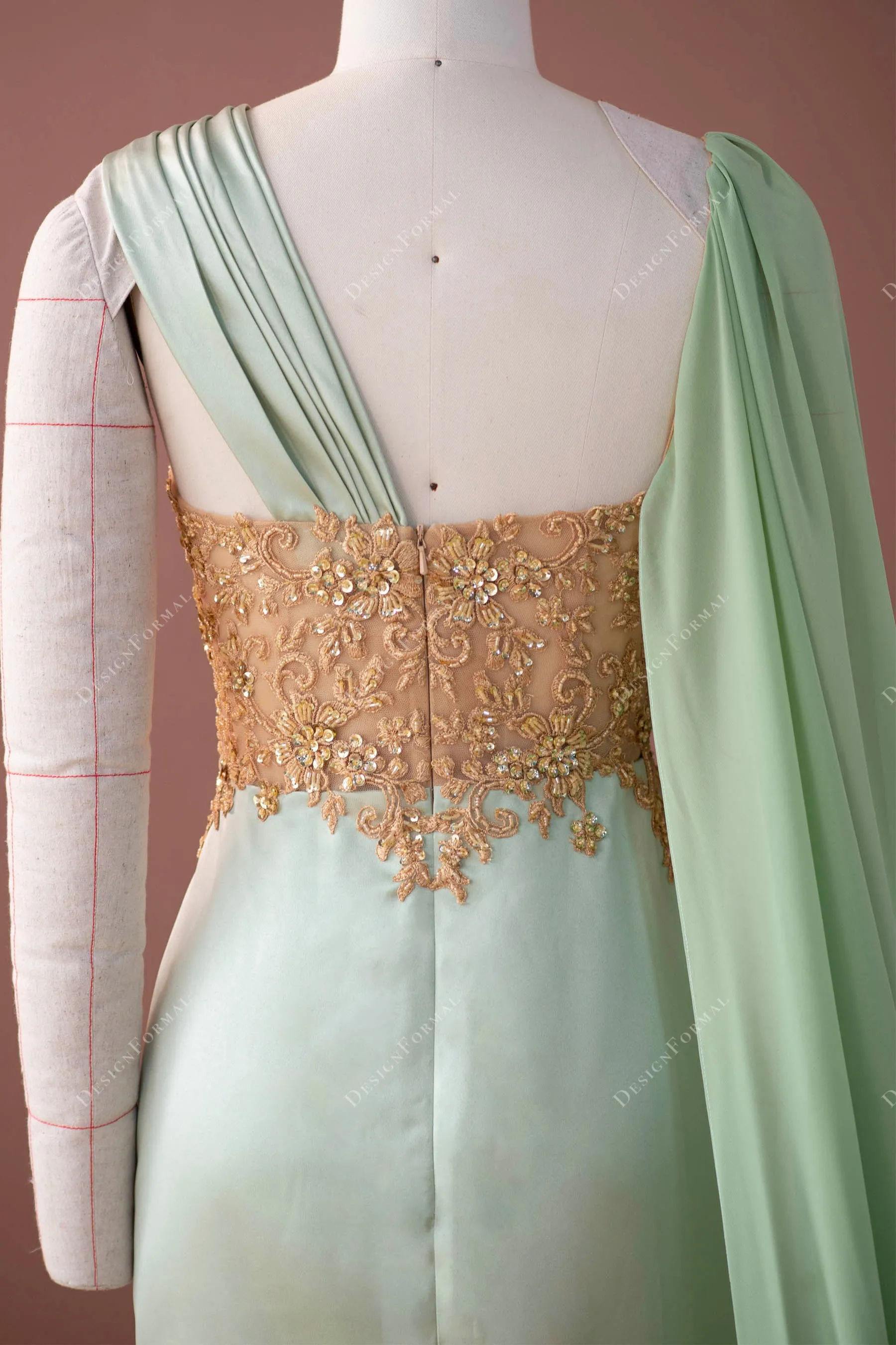 Gold Lace Sage Satin Mermaid Unique Super-Long Sleeve Prom Dress