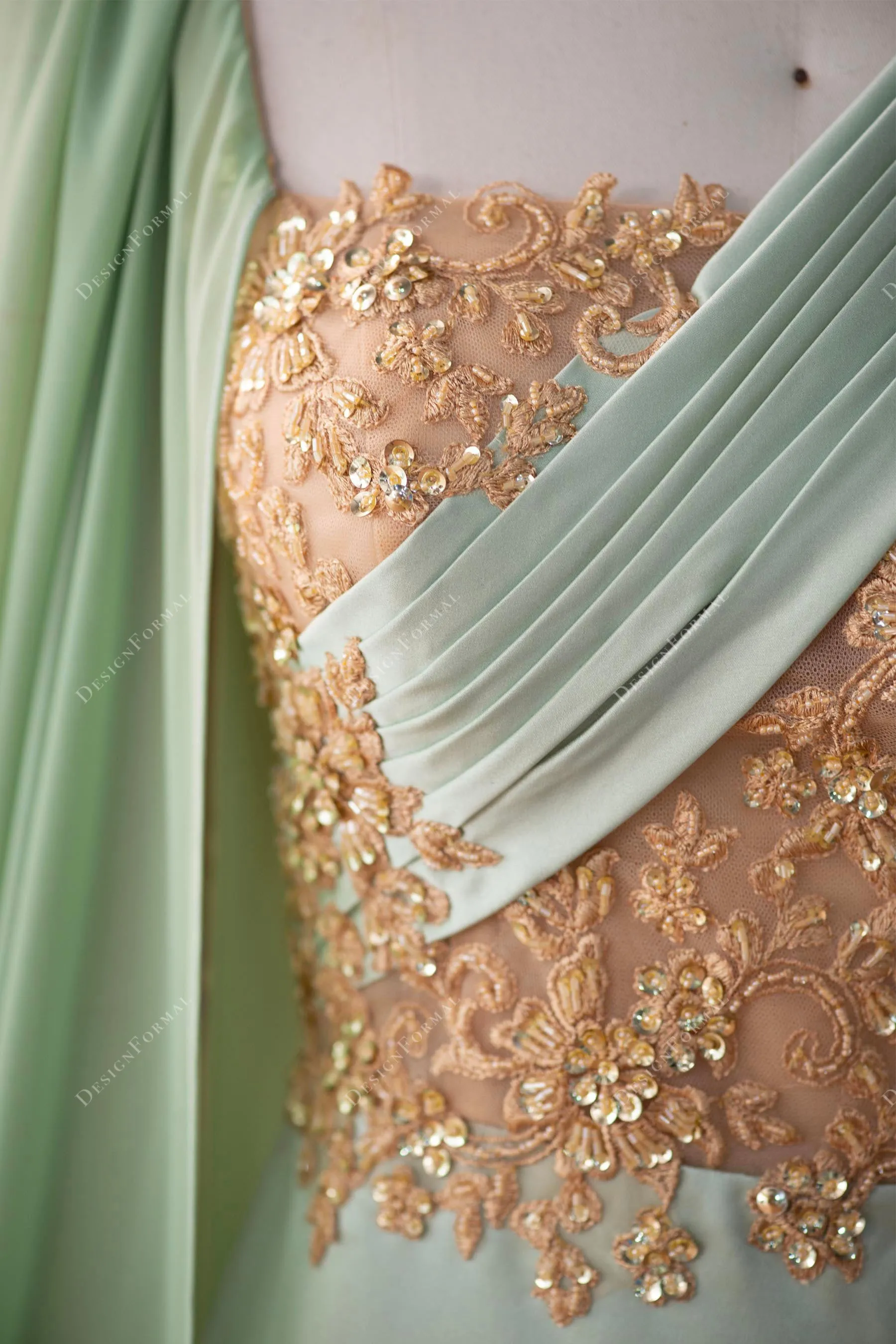 Gold Lace Sage Satin Mermaid Unique Super-Long Sleeve Prom Dress
