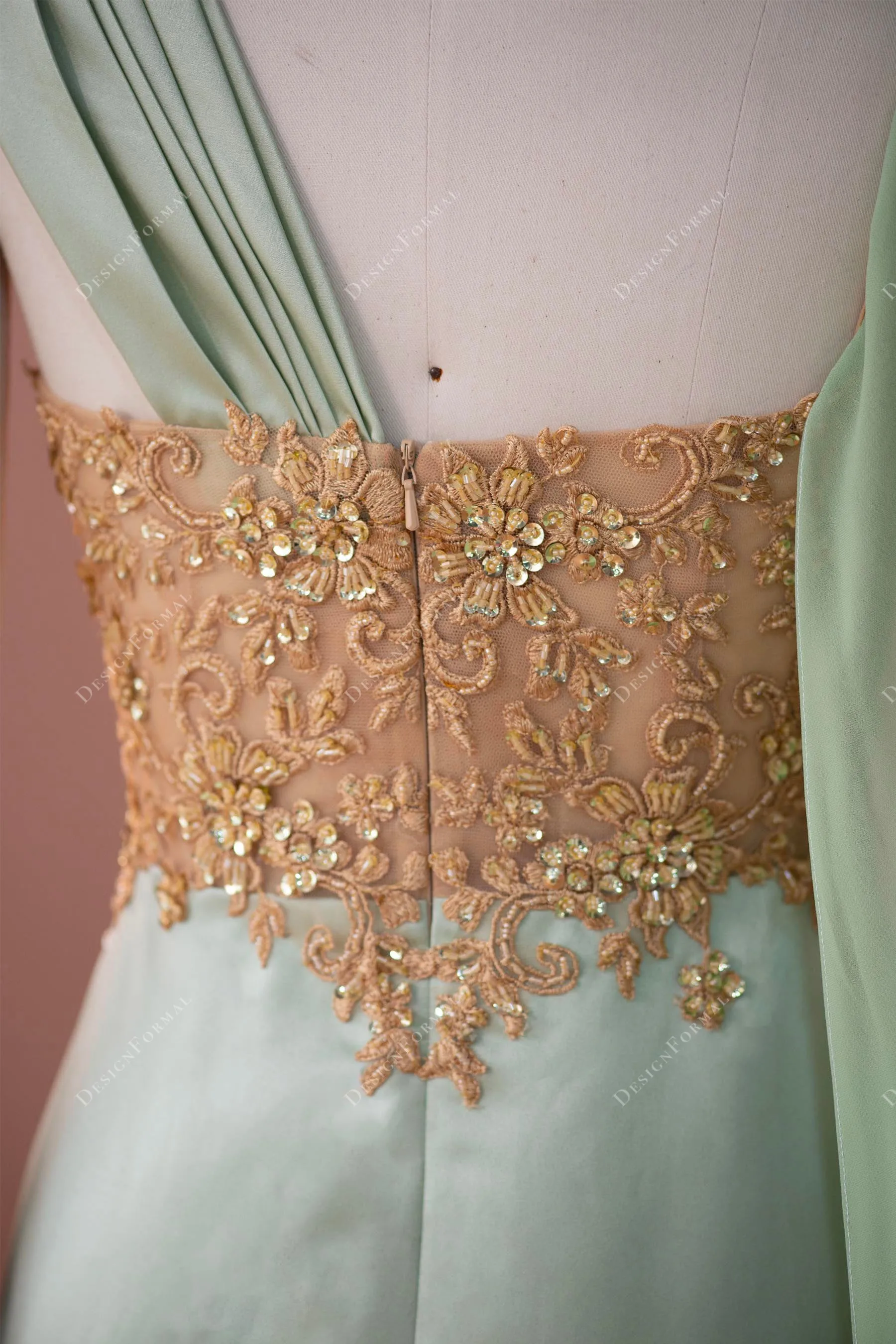 Gold Lace Sage Satin Mermaid Unique Super-Long Sleeve Prom Dress