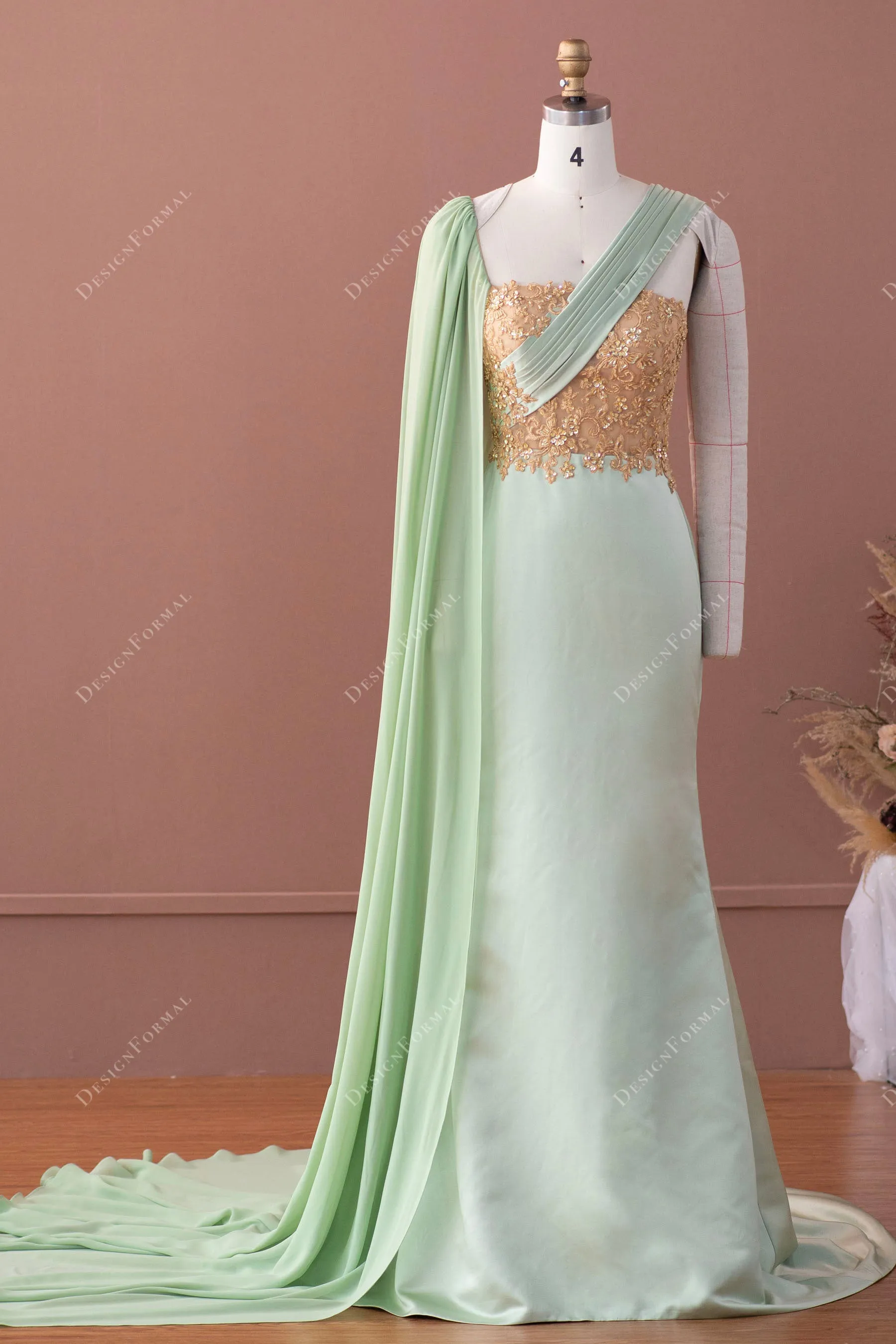 Gold Lace Sage Satin Mermaid Unique Super-Long Sleeve Prom Dress