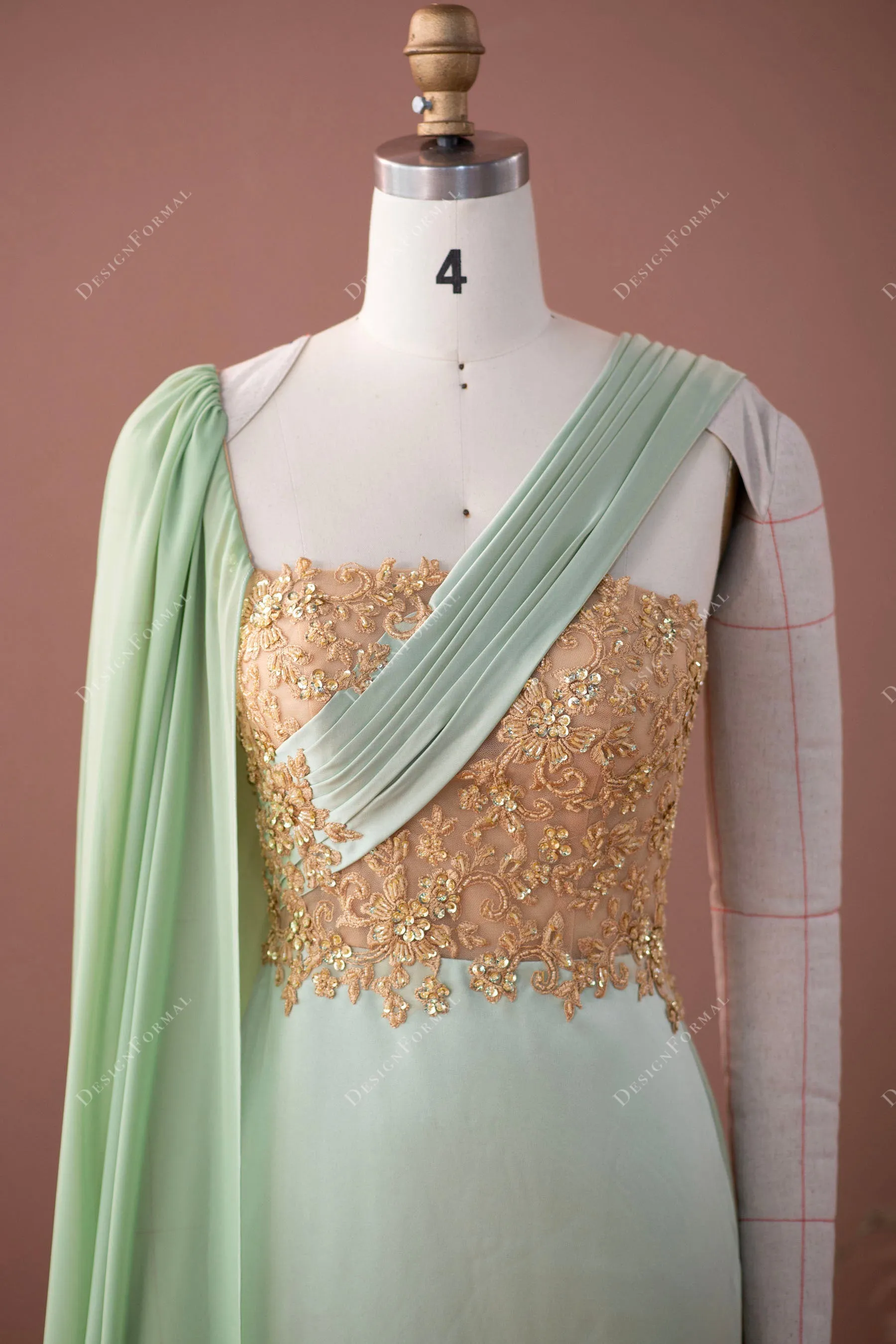 Gold Lace Sage Satin Mermaid Unique Super-Long Sleeve Prom Dress