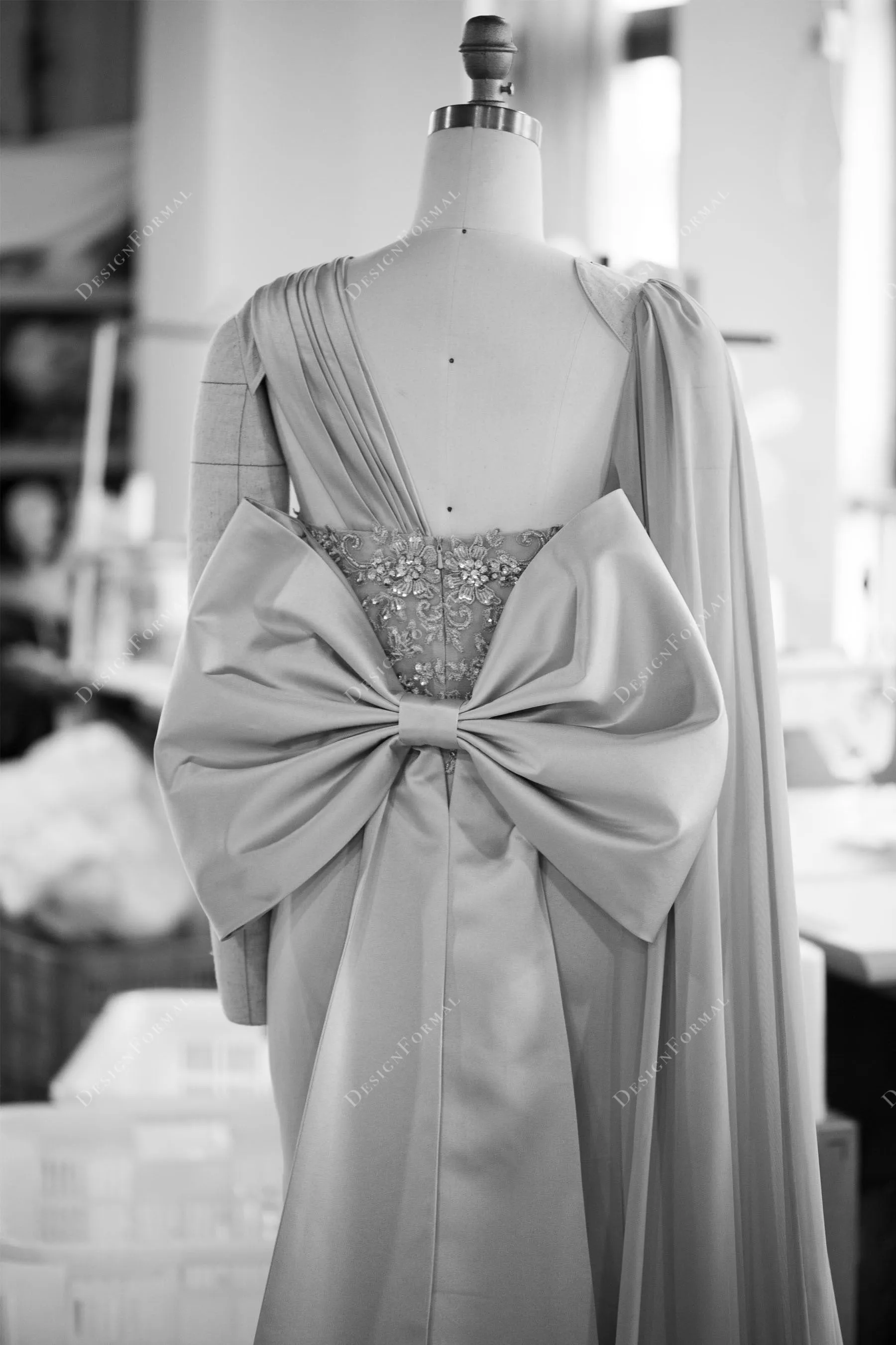 Gold Lace Sage Satin Mermaid Unique Super-Long Sleeve Prom Dress