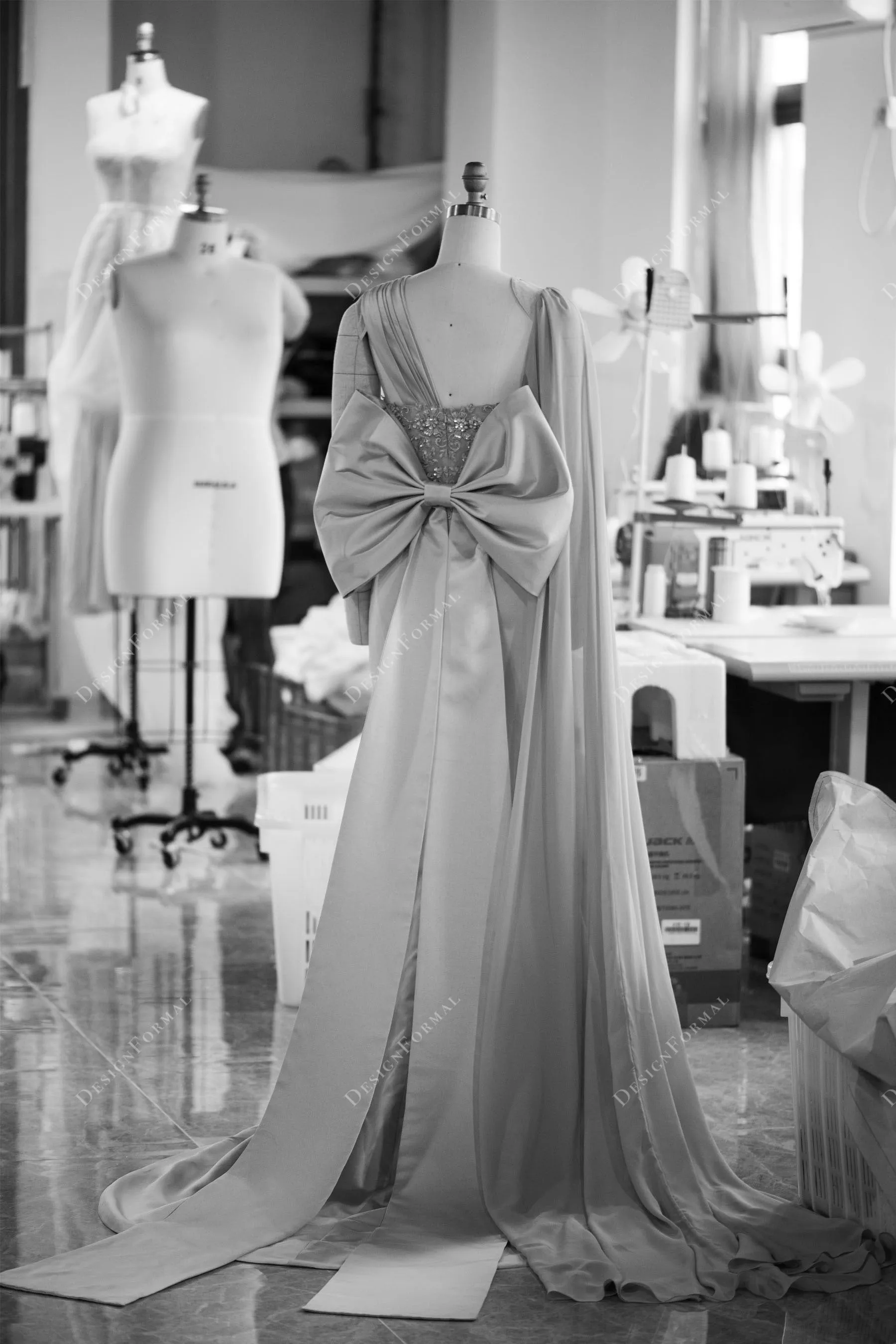 Gold Lace Sage Satin Mermaid Unique Super-Long Sleeve Prom Dress
