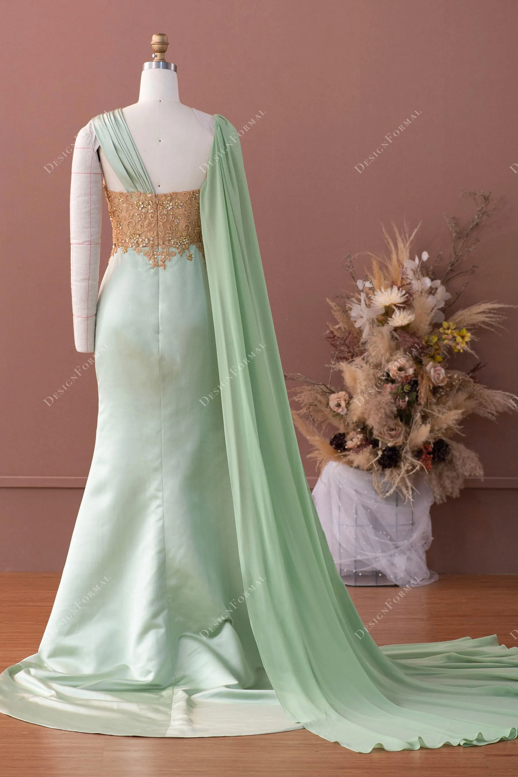 Gold Lace Sage Satin Mermaid Unique Super-Long Sleeve Prom Dress