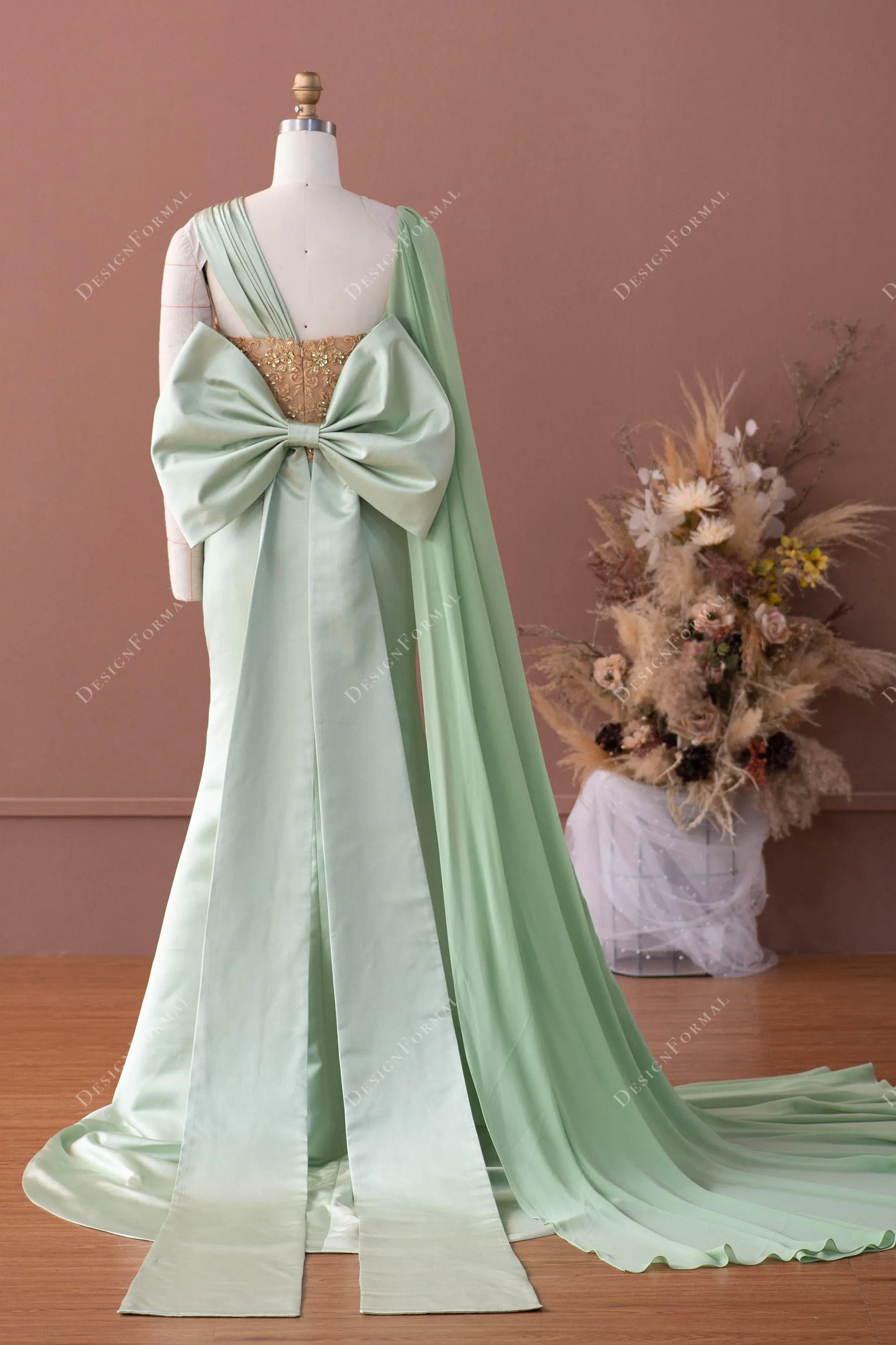 Gold Lace Sage Satin Mermaid Unique Super-Long Sleeve Prom Dress