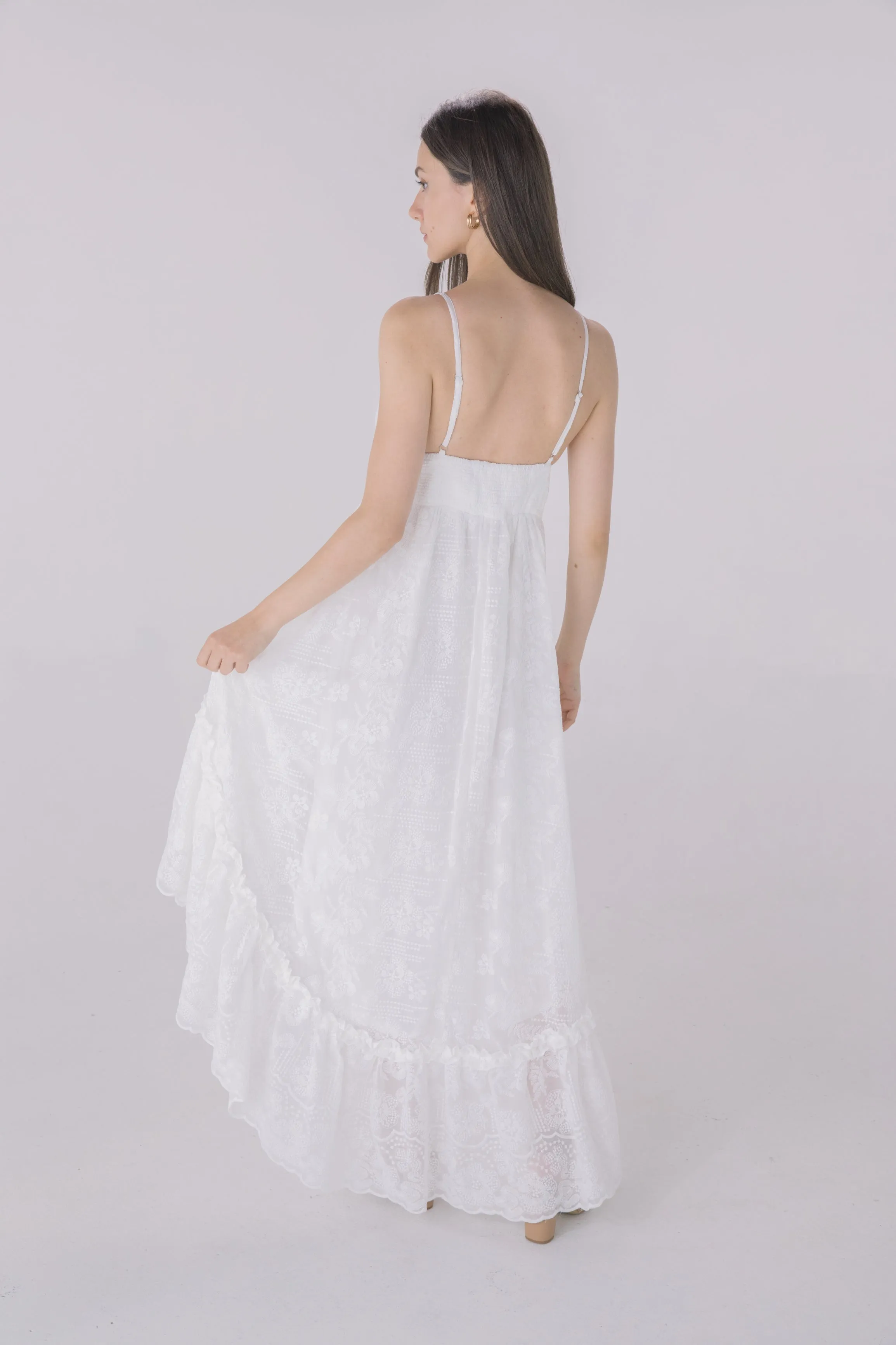 Ivory Crepe Embroidered Fabric High Low Dress