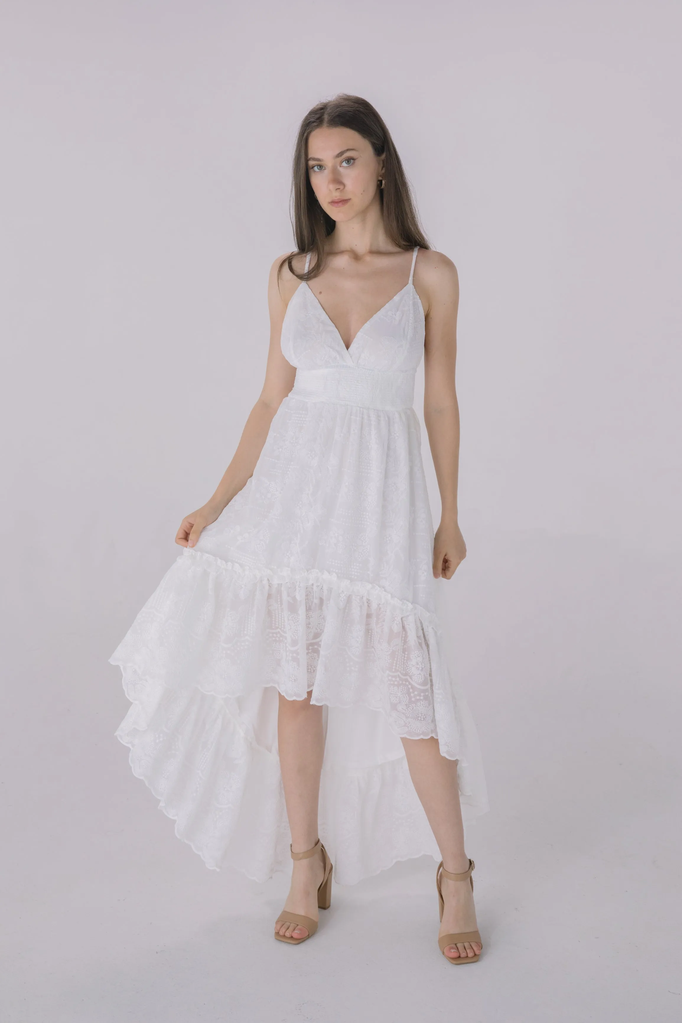 Ivory Crepe Embroidered Fabric High Low Dress