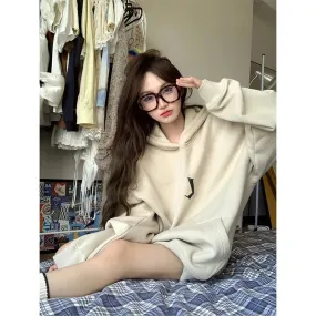 Light Khaki Vintage Letter Chic Sweatshirt American Solid Color Loose Hooded Women Sweatshirts Fashion Female Streetwear