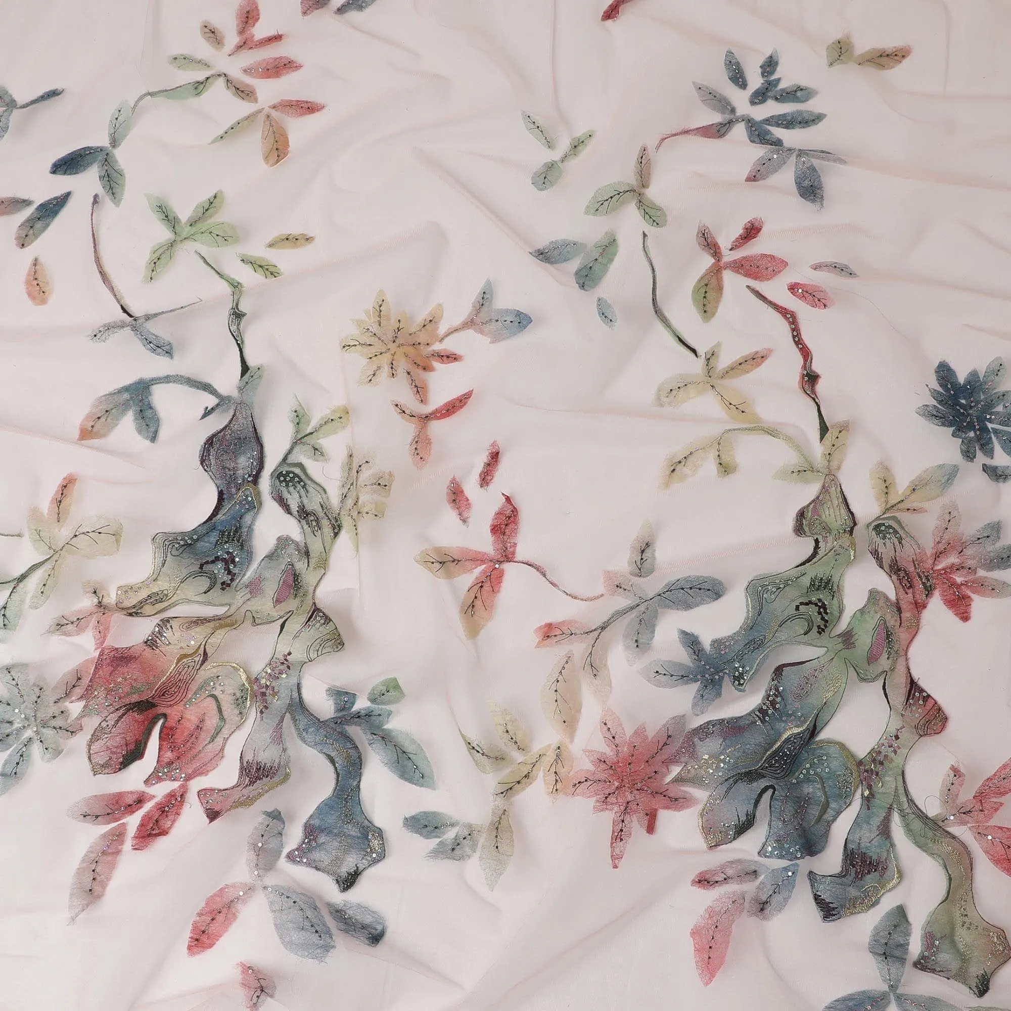 Light peach nylon tulle fabric with golden metallic thread, sequins and beads in abstract design