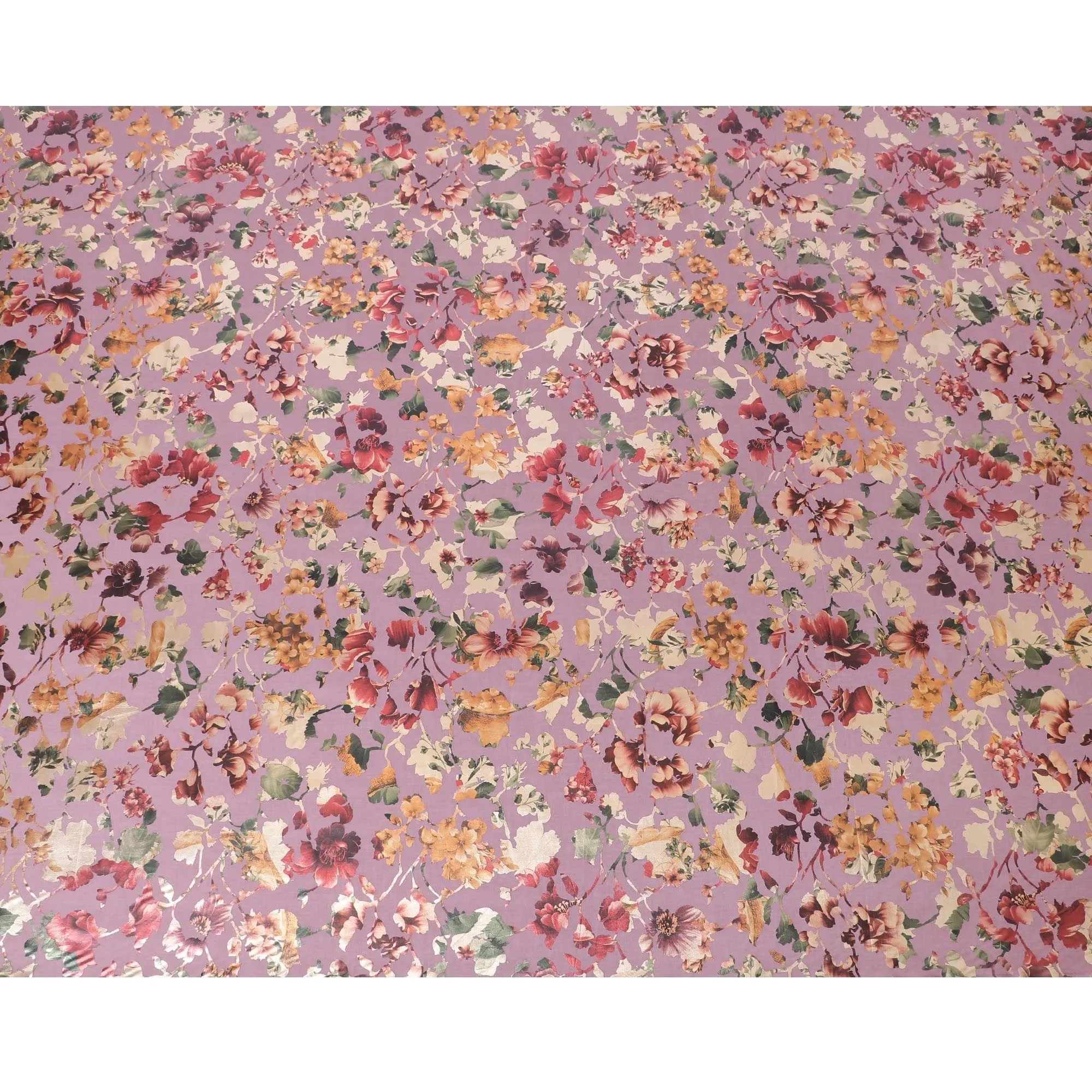 Light plum cotton voile fabric with multicolor metallic foil print in floral design-D9779