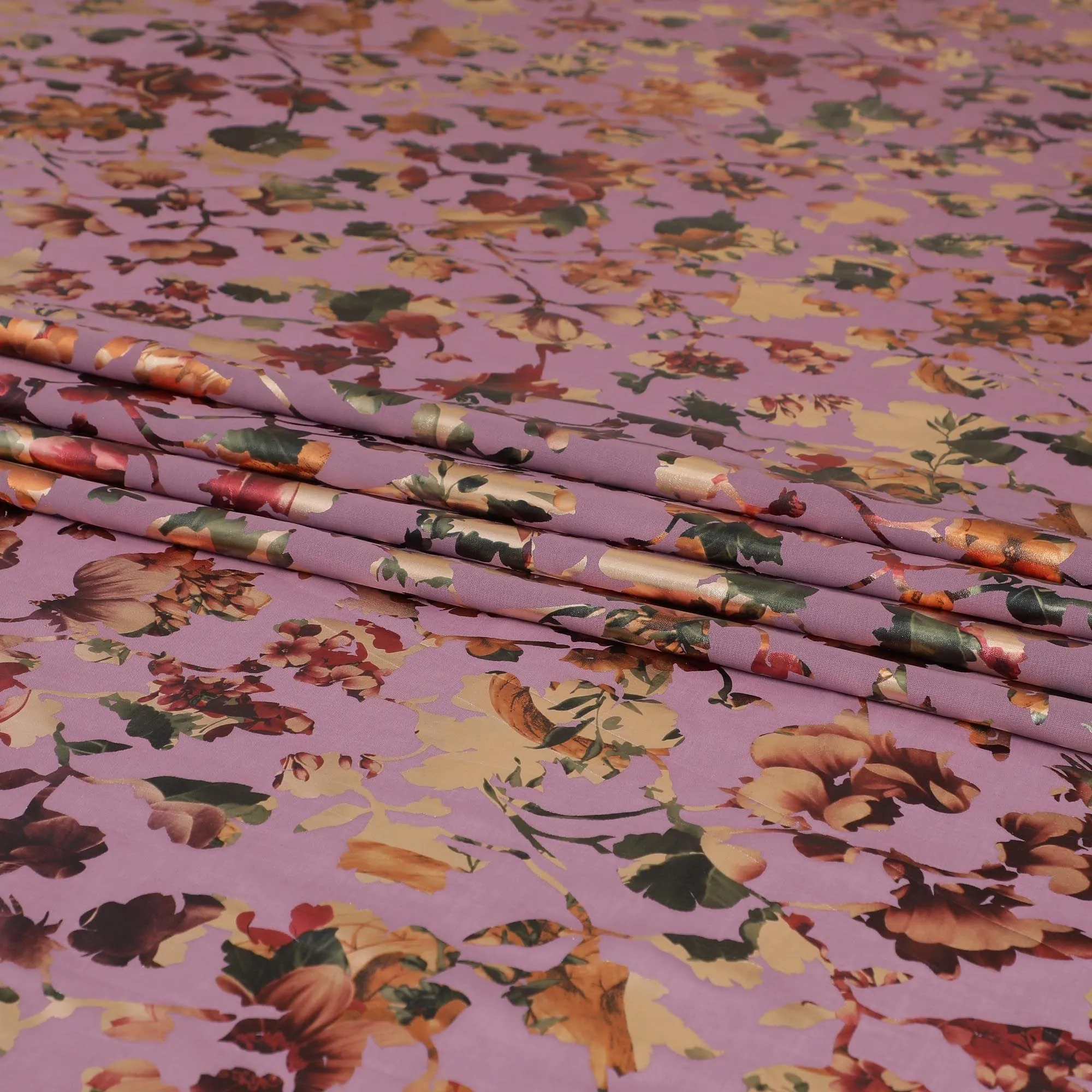 Light plum cotton voile fabric with multicolor metallic foil print in floral design-D9779