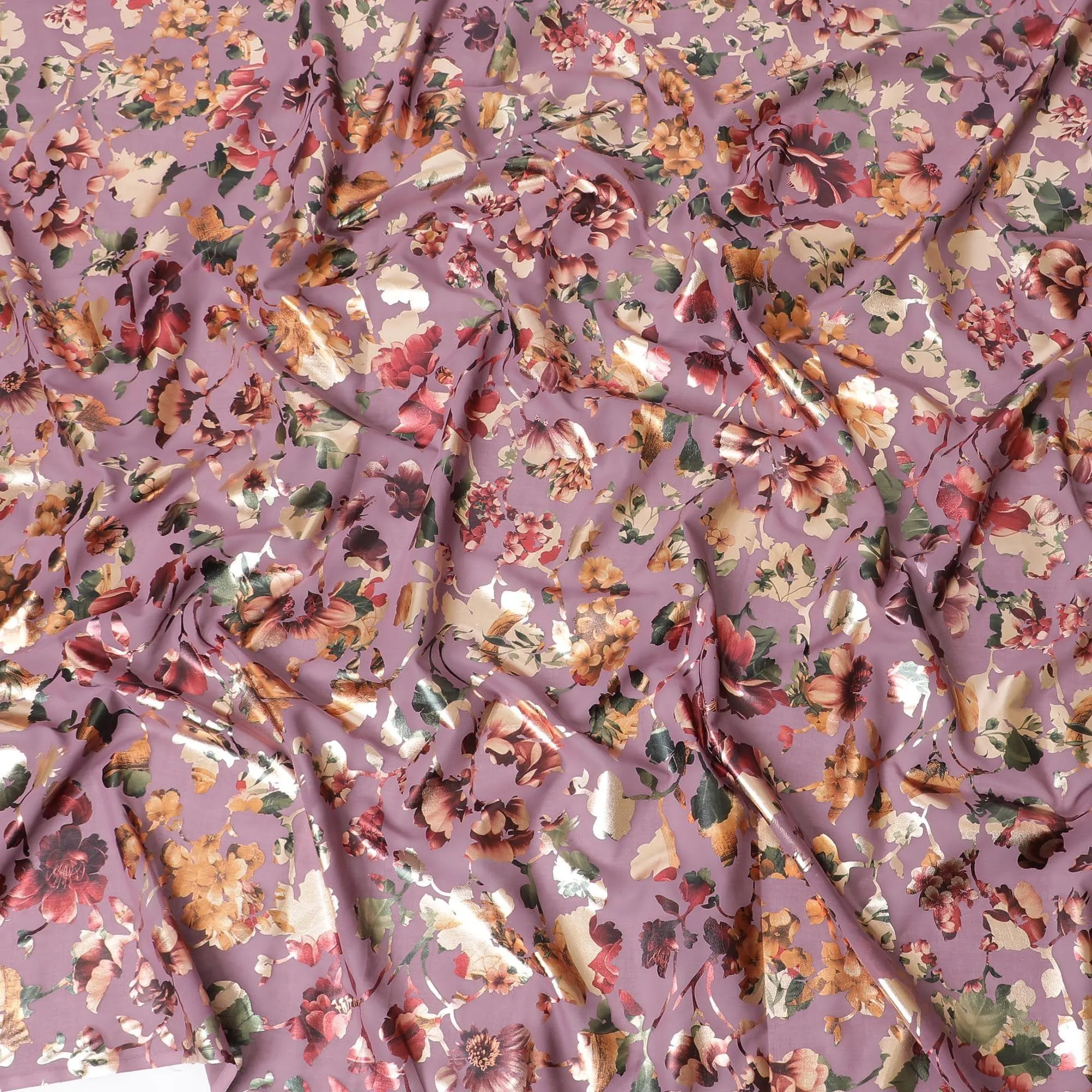 Light plum cotton voile fabric with multicolor metallic foil print in floral design-D9779