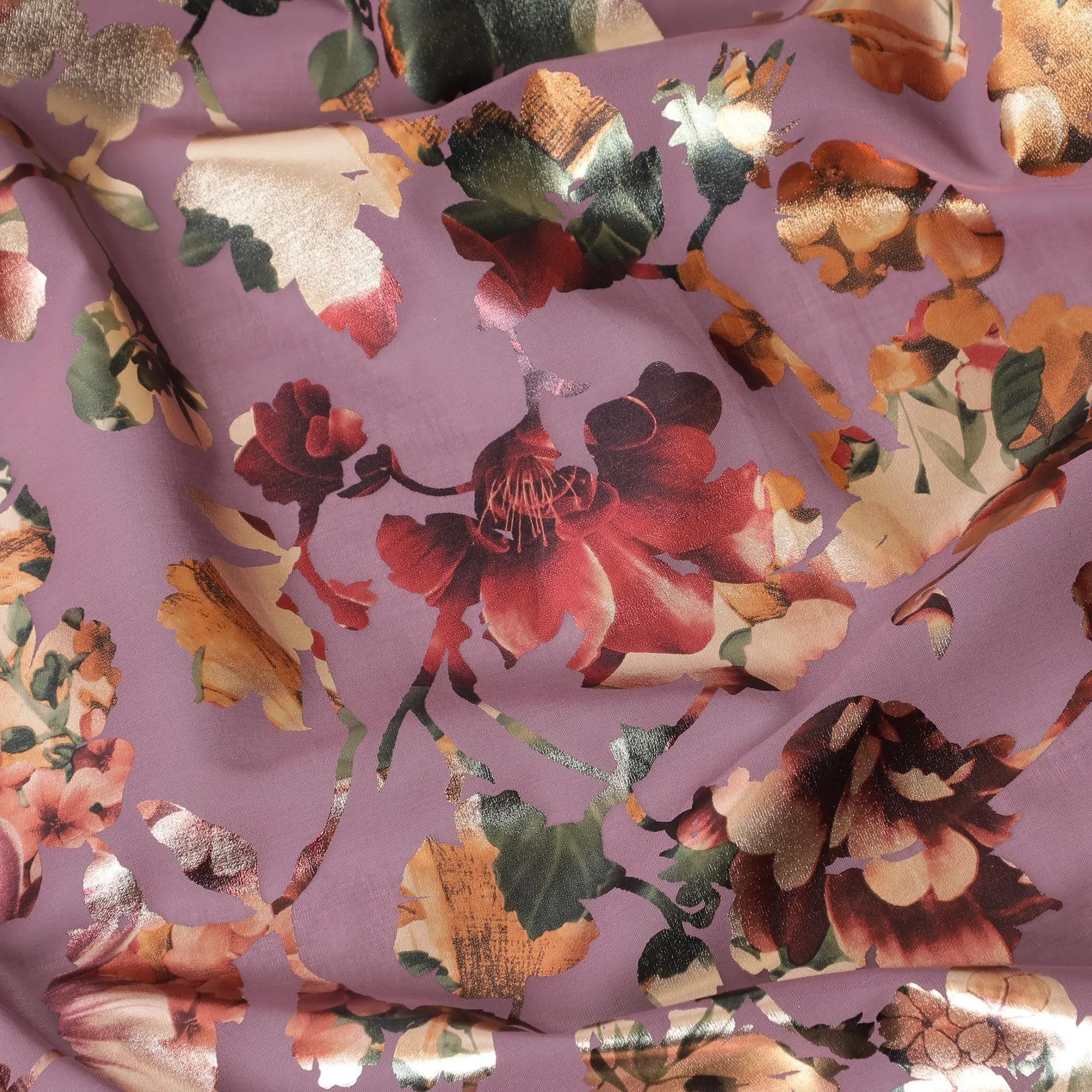 Light plum cotton voile fabric with multicolor metallic foil print in floral design-D9779