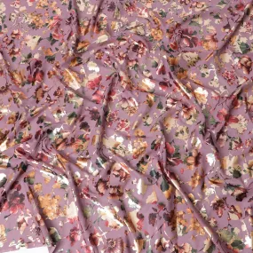 Light plum cotton voile fabric with multicolor metallic foil print in floral design-D9779