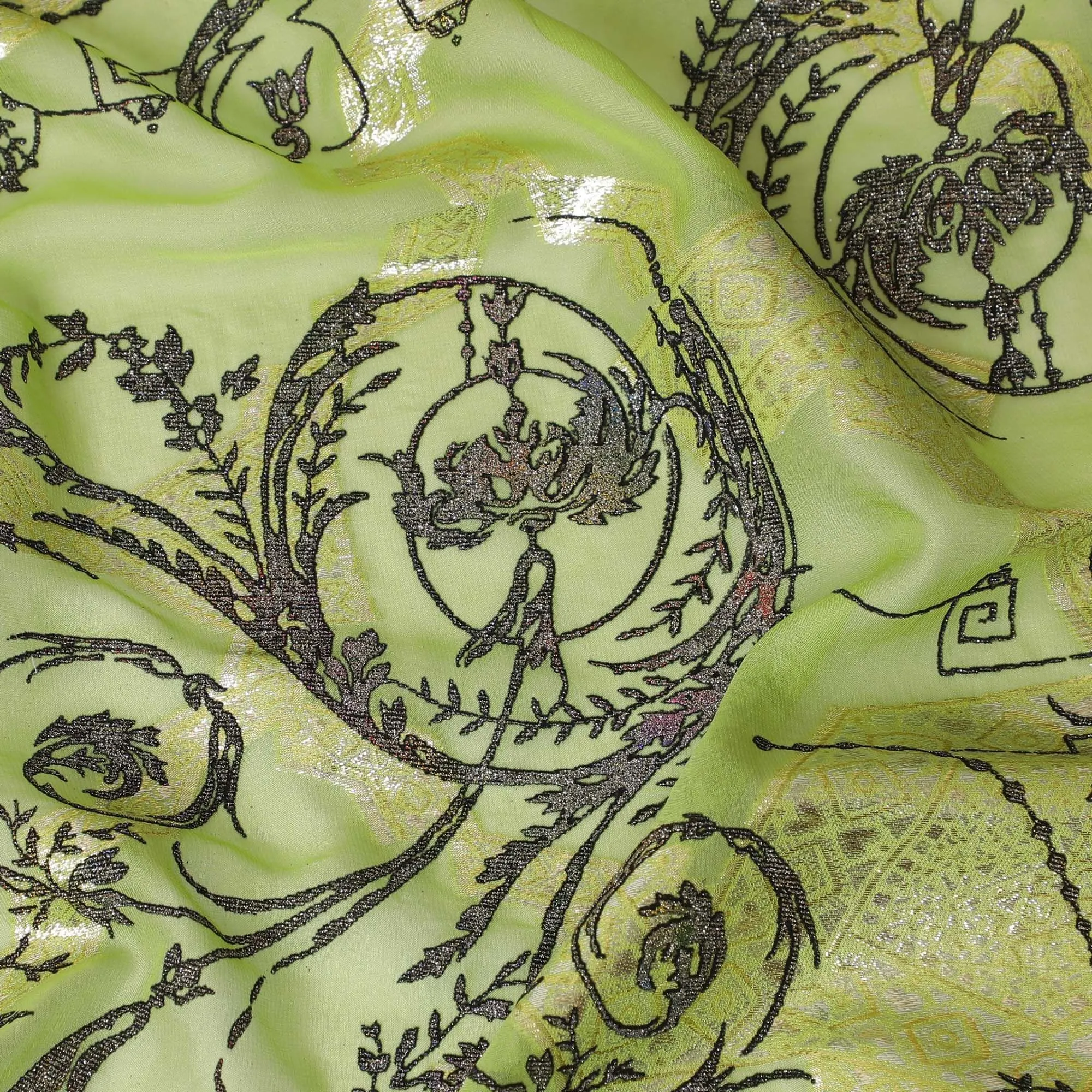 Lime green premium pure silk chiffon fabric with black flock having glitter and gold metallic lurex in floral design-D13721