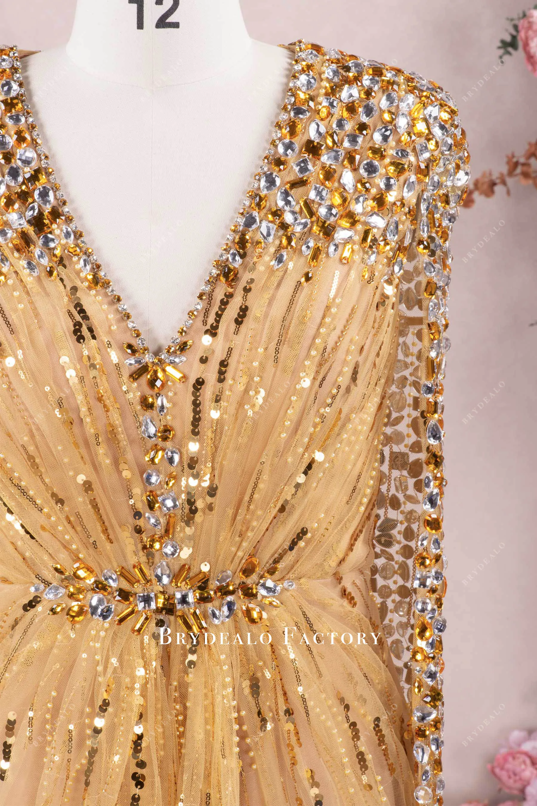 Luxe Gold Rhinestones V-neck Long Formal Dress