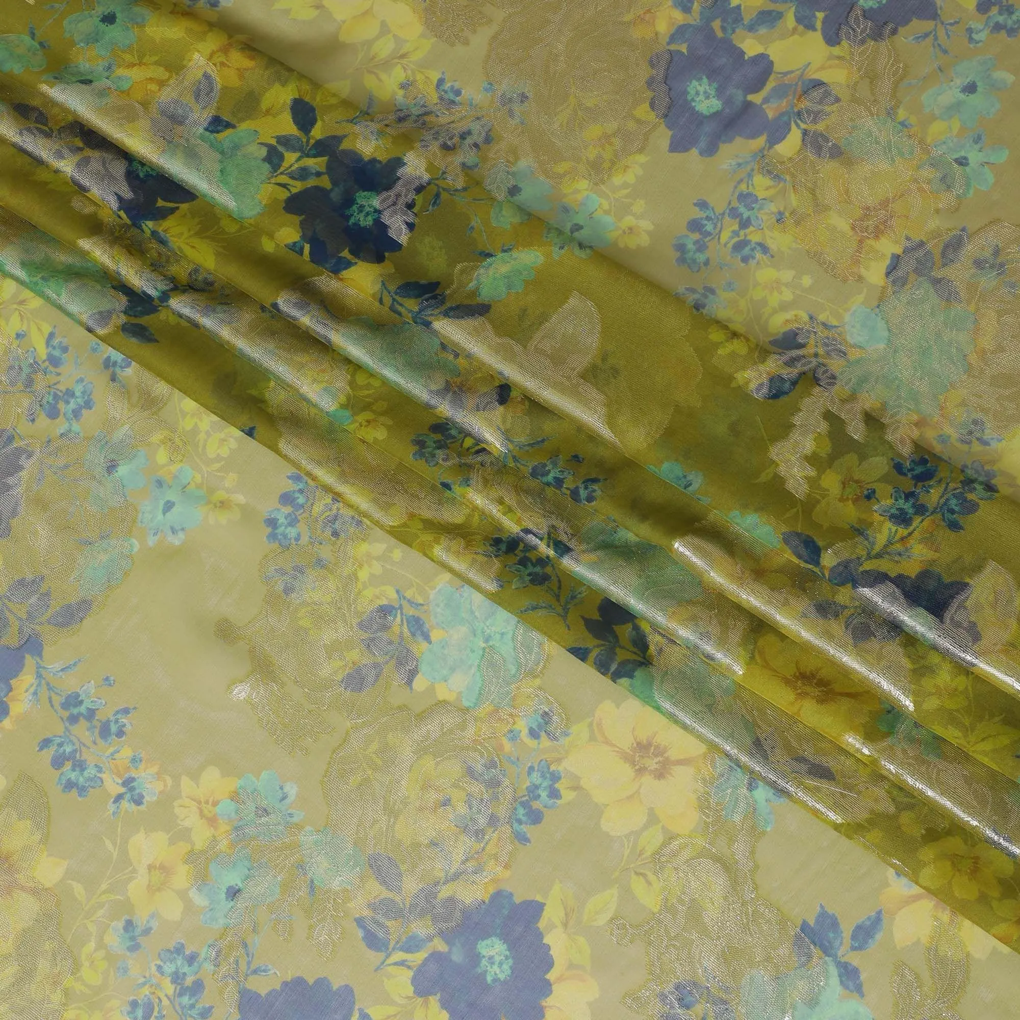 Mehindi green premium pure silk chiffon fabric with blue and turquoise green print having gold metallic lurex in floral design-D10783