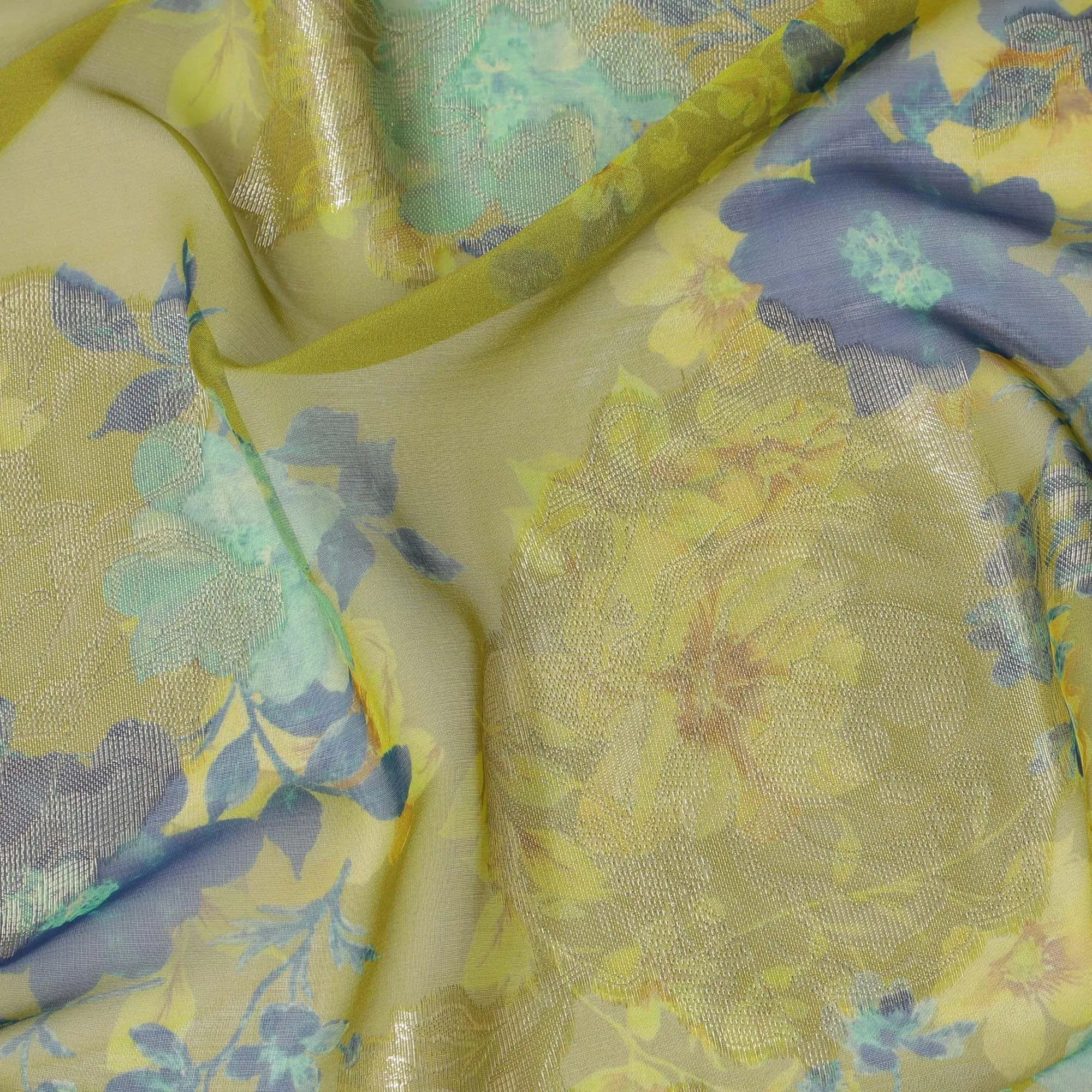 Mehindi green premium pure silk chiffon fabric with blue and turquoise green print having gold metallic lurex in floral design-D10783