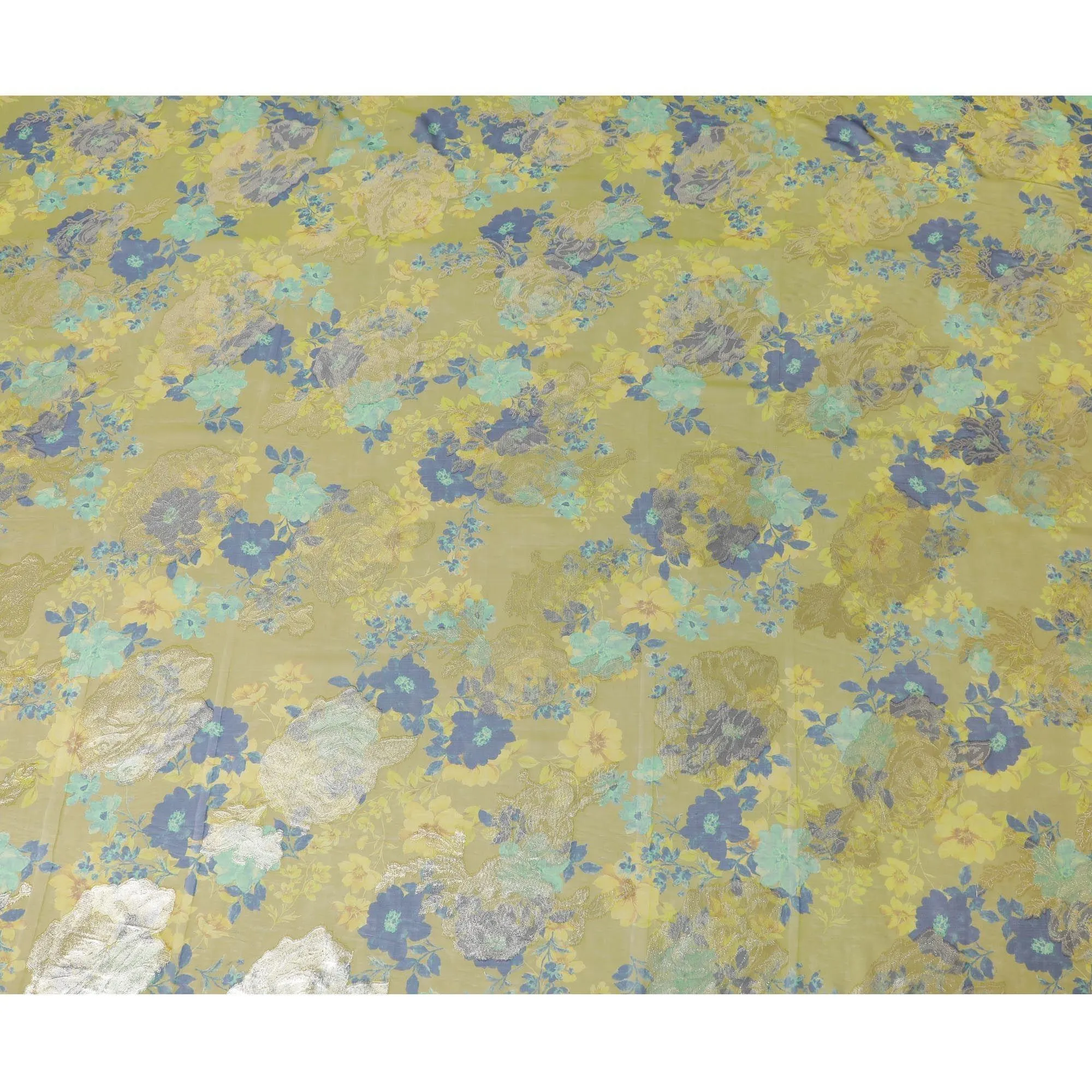 Mehindi green premium pure silk chiffon fabric with blue and turquoise green print having gold metallic lurex in floral design-D10783