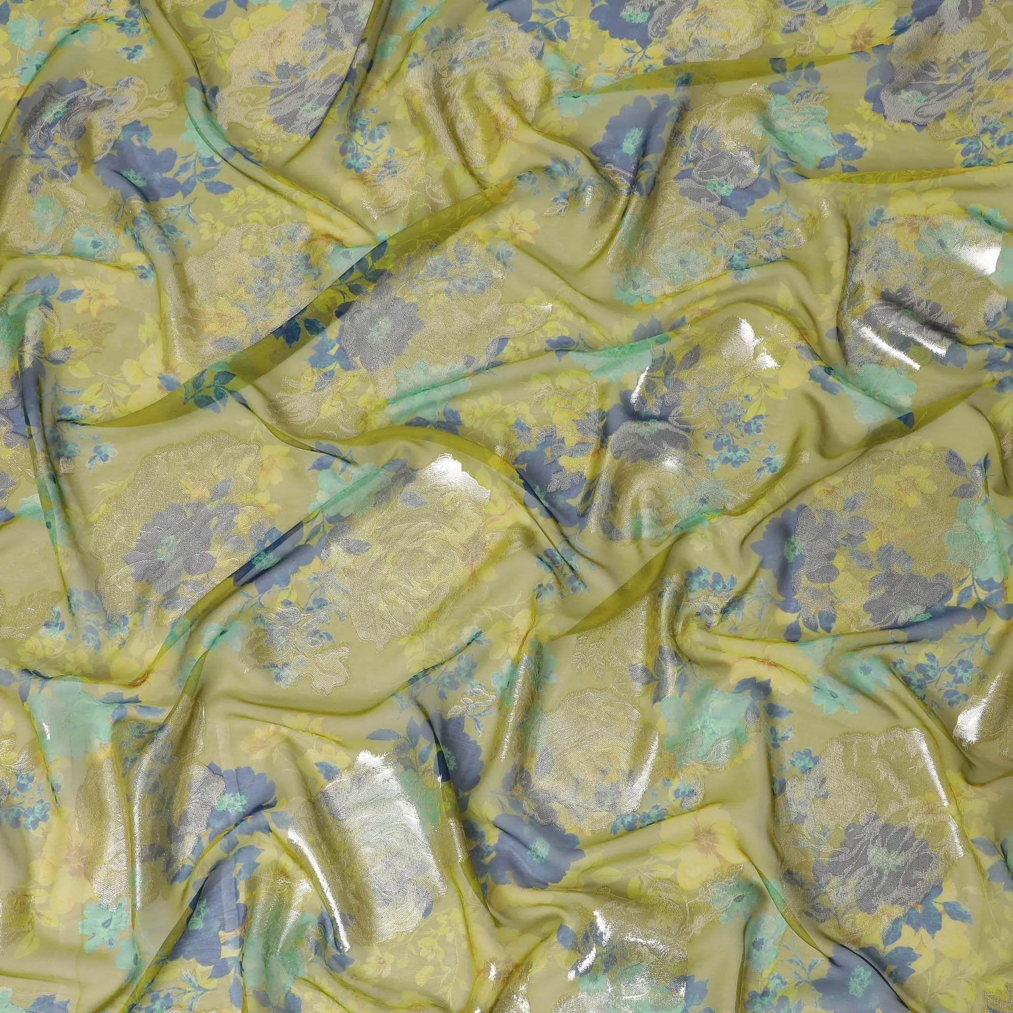 Mehindi green premium pure silk chiffon fabric with blue and turquoise green print having gold metallic lurex in floral design-D10783