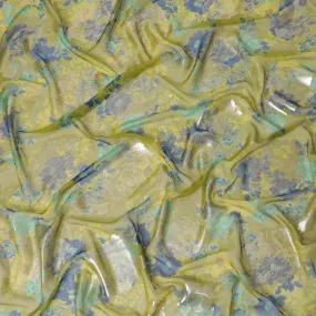 Mehindi green premium pure silk chiffon fabric with blue and turquoise green print having gold metallic lurex in floral design-D10783