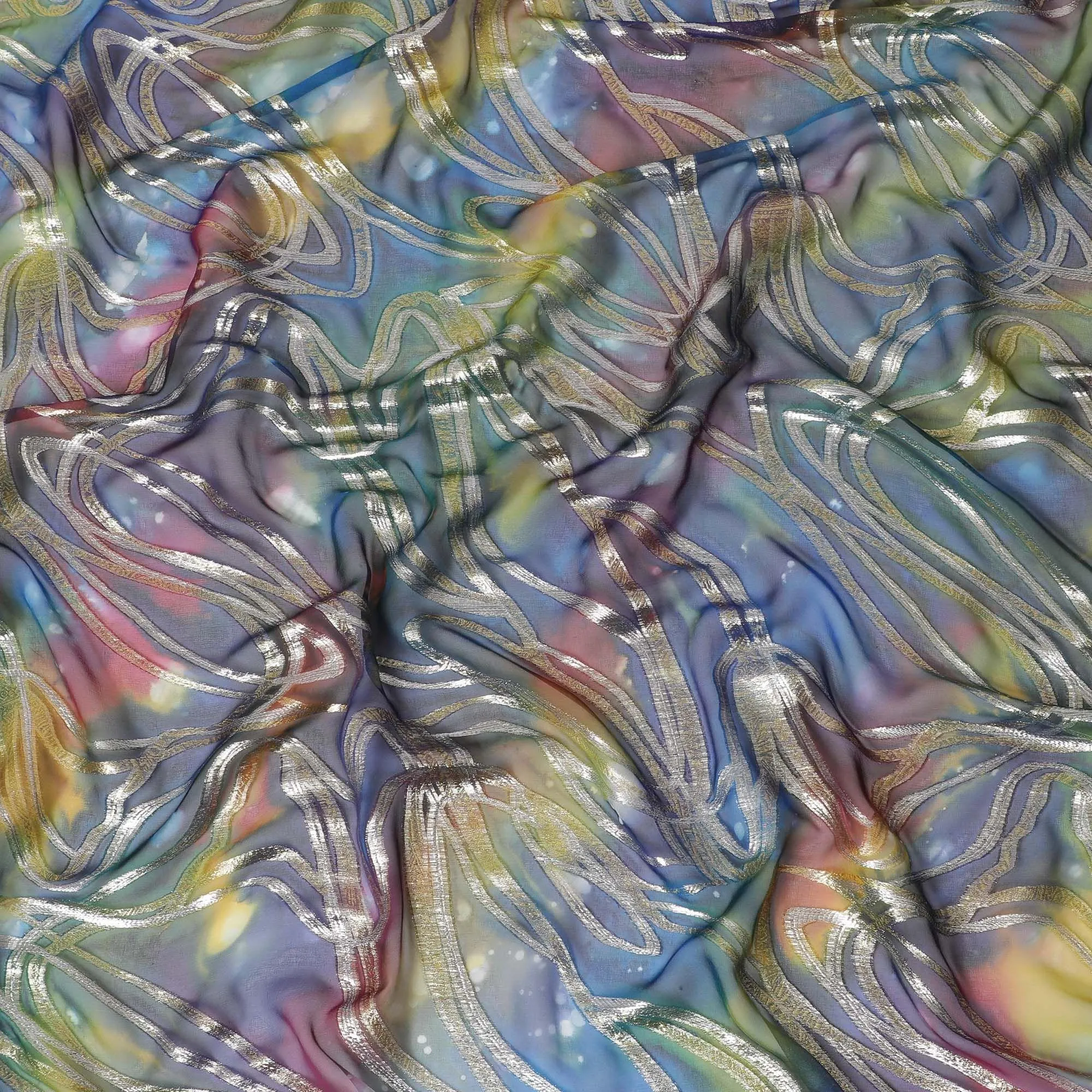 Multicolor premium pure chiffon fabric with metallic lurex and multi color hand print in abstract design-D15679