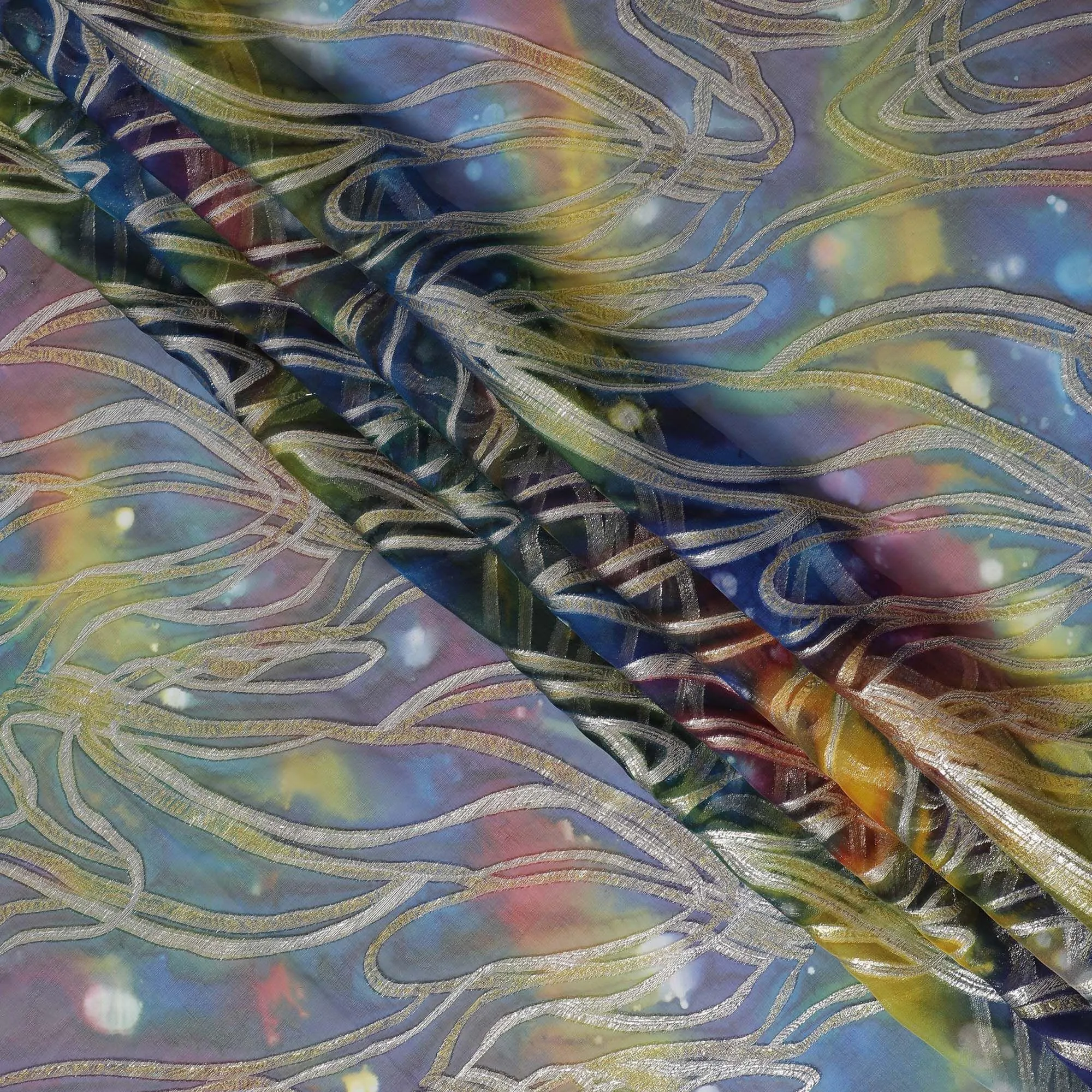 Multicolor premium pure chiffon fabric with metallic lurex and multi color hand print in abstract design-D15679