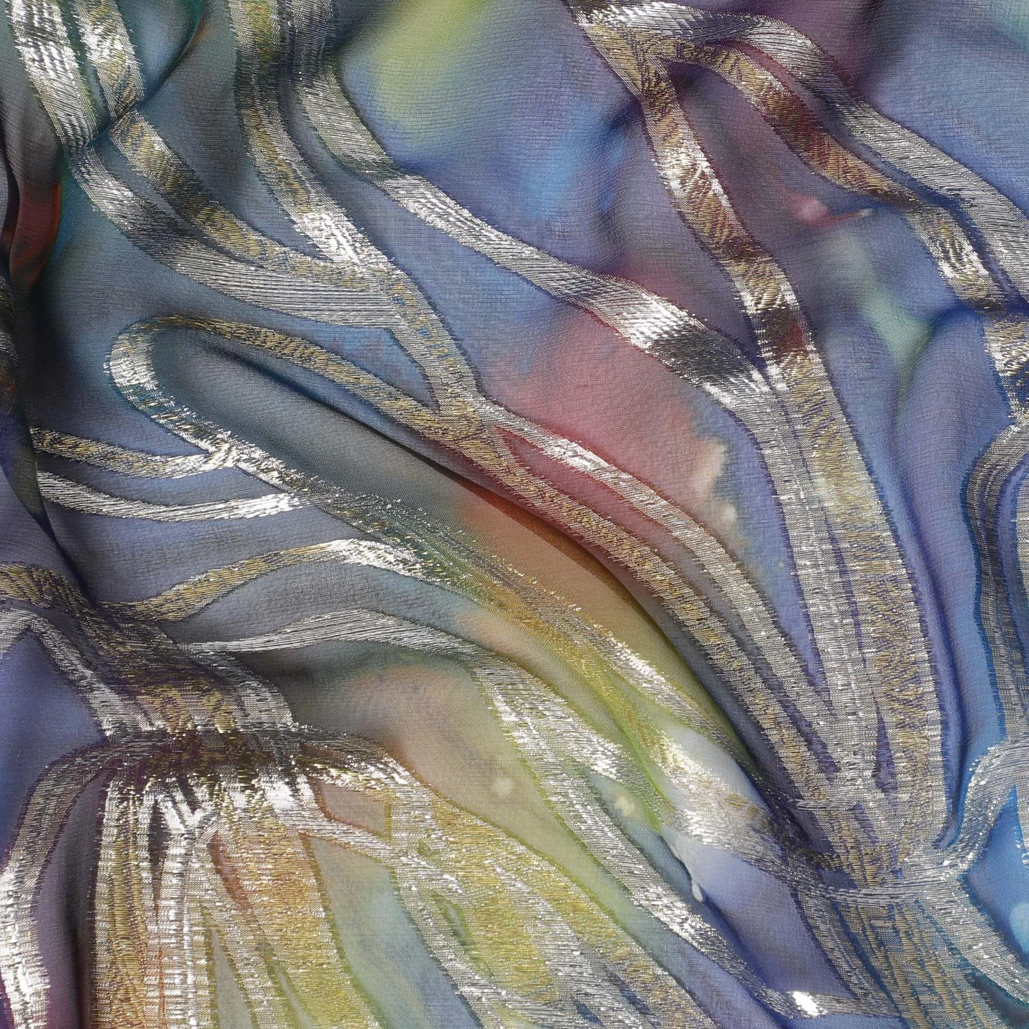 Multicolor premium pure chiffon fabric with metallic lurex and multi color hand print in abstract design-D15679