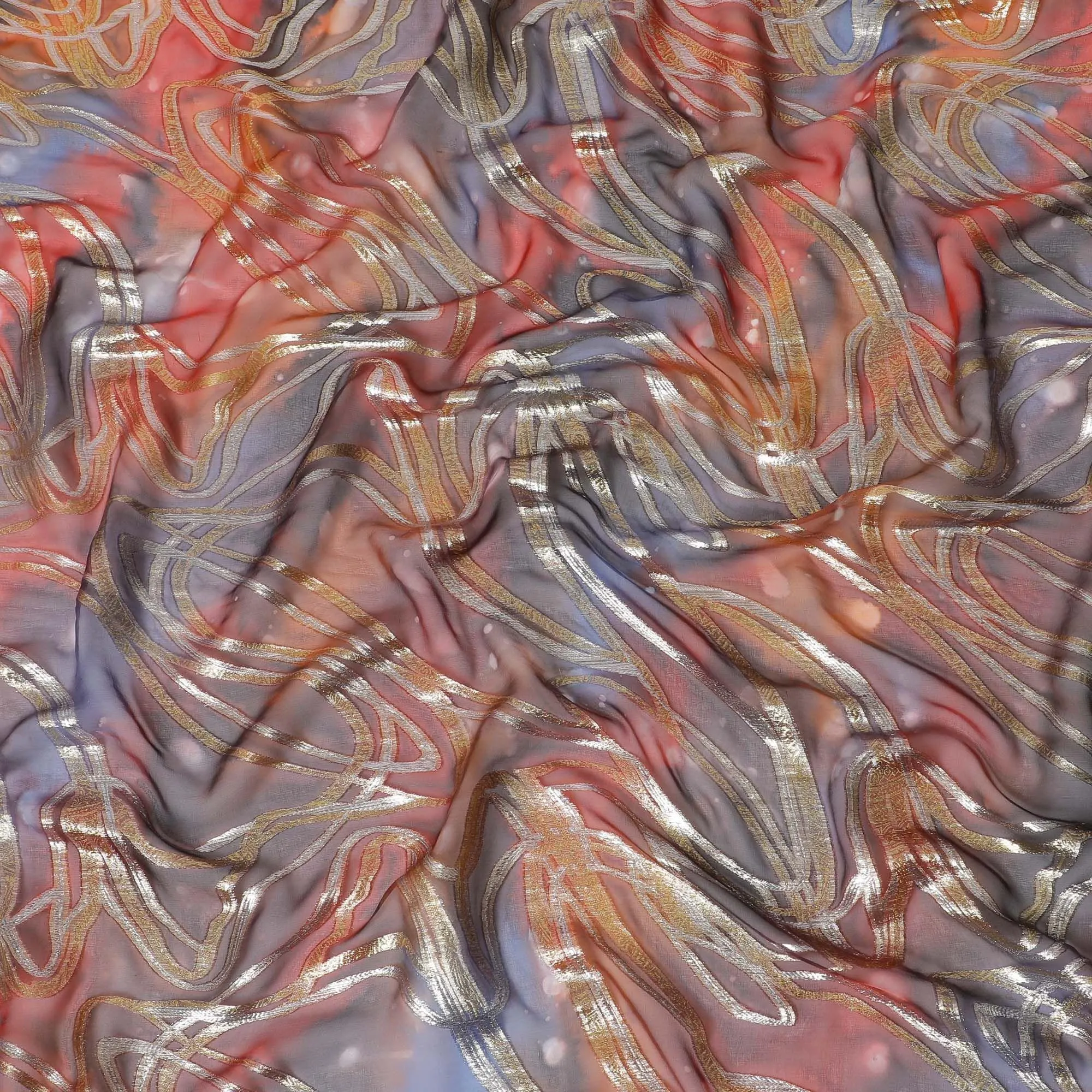 Multicolor premium pure chiffon fabric with metallic lurex and multi color hand print in abstract design-D15681