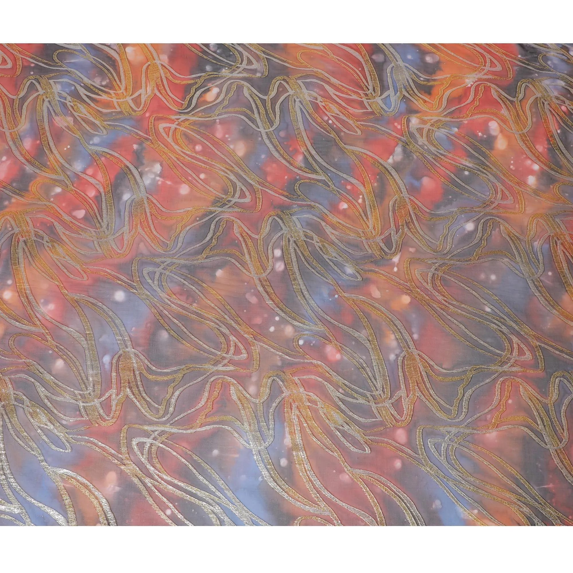 Multicolor premium pure chiffon fabric with metallic lurex and multi color hand print in abstract design-D15681
