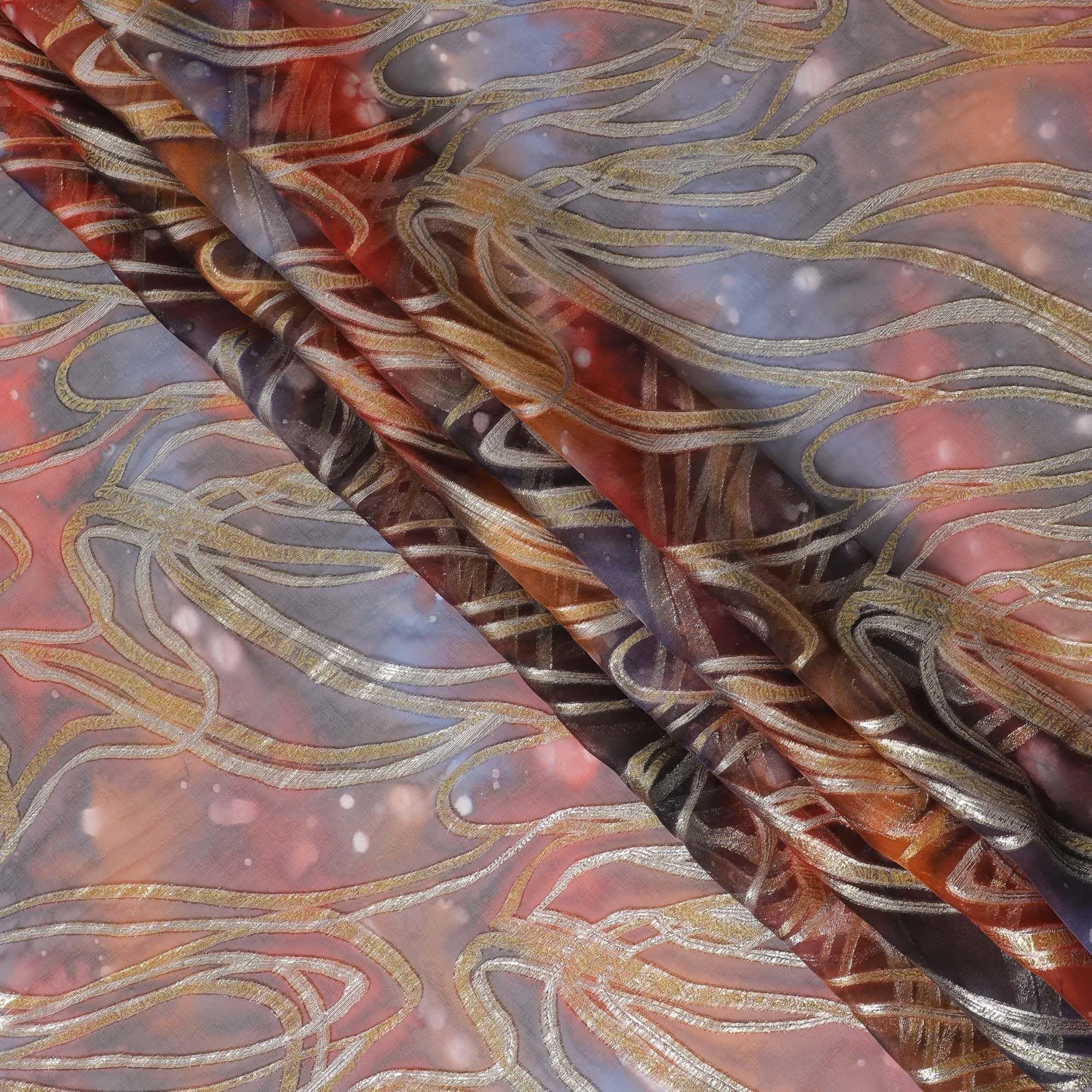 Multicolor premium pure chiffon fabric with metallic lurex and multi color hand print in abstract design-D15681