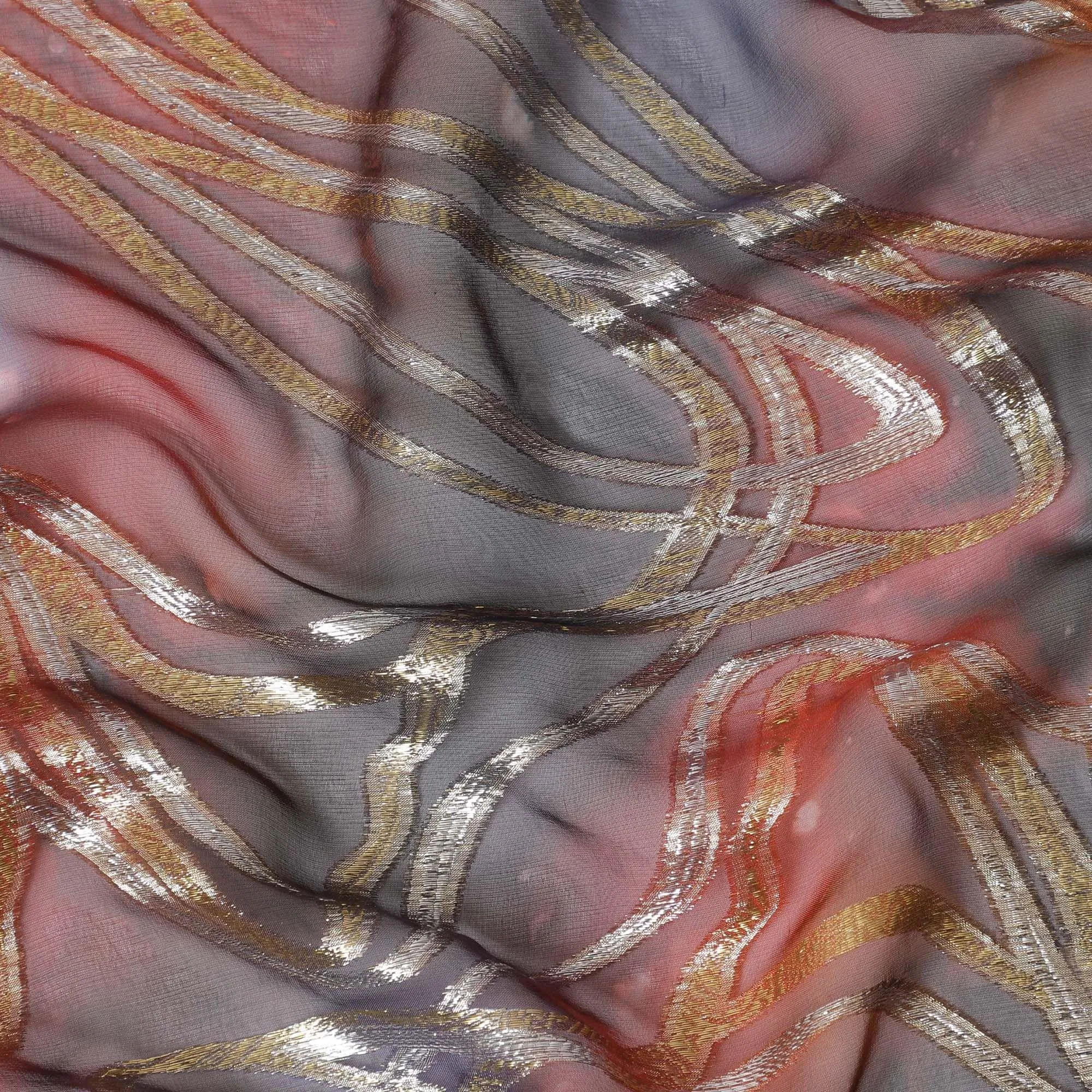 Multicolor premium pure chiffon fabric with metallic lurex and multi color hand print in abstract design-D15681