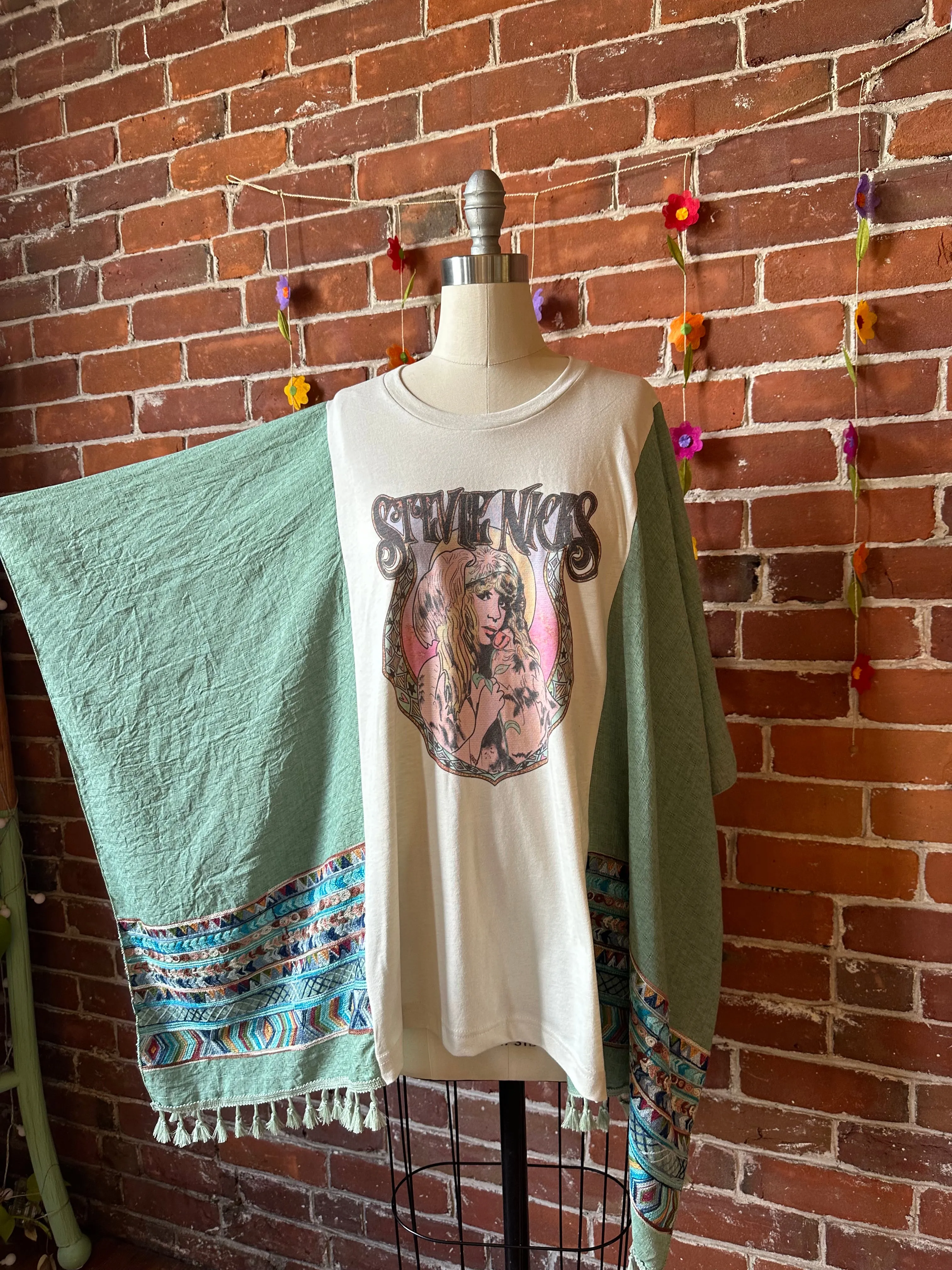 Mystical Stevie Nicks Inspired Sage Embroidered Tassel Poncho